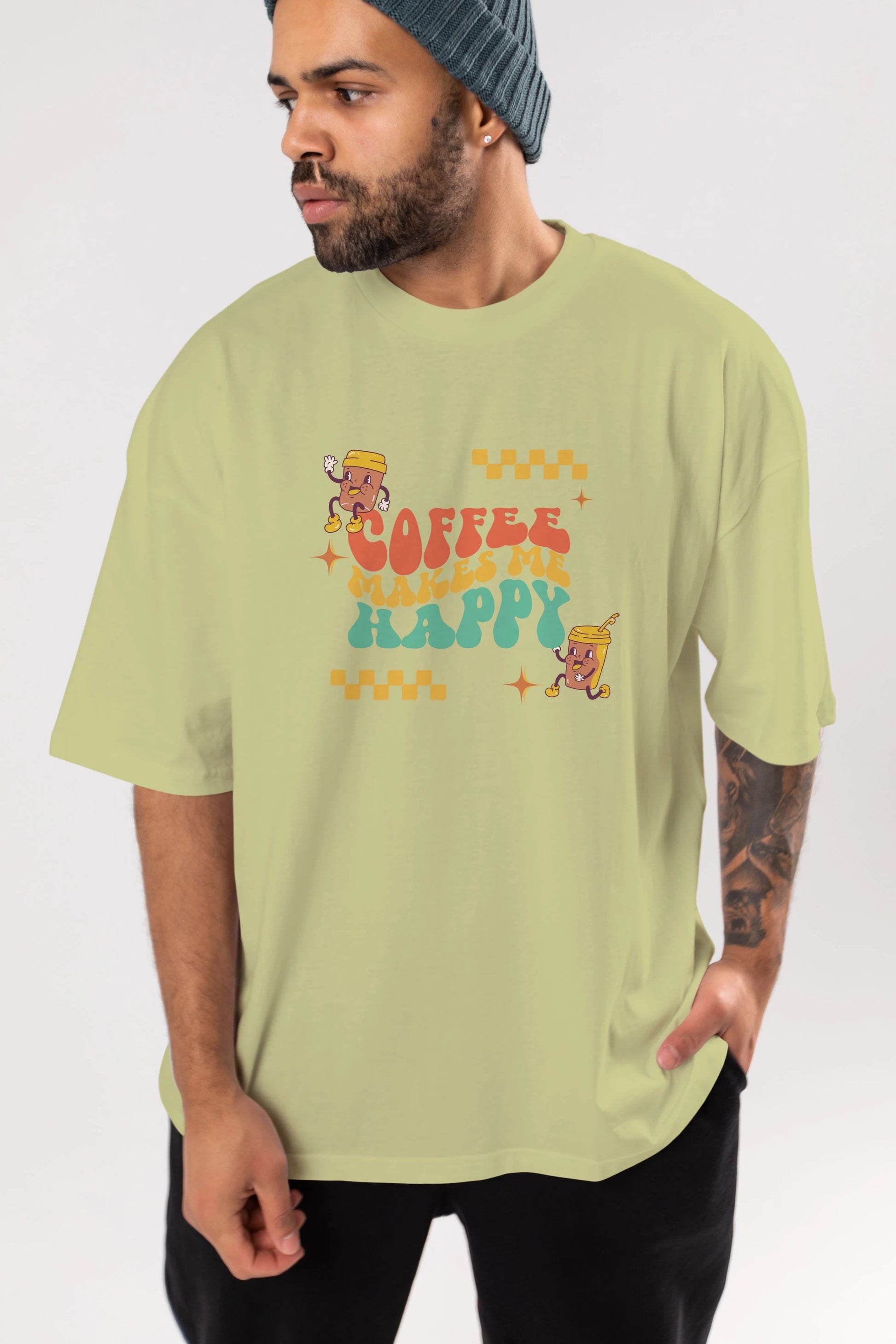 Coffee Makes Me Happy Yazılı Ön Baskılı Oversize t-shirt Erkek Kadın Unisex