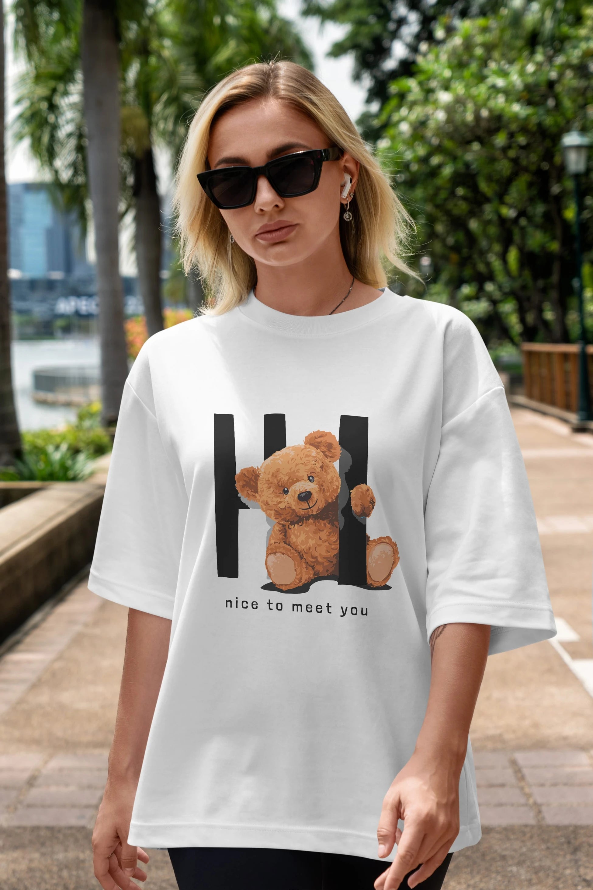 Teddy Bear Hi Nice To Meet You Ön Baskılı Oversize t-shirt Erkek Kadın Unisex %100 Pamuk