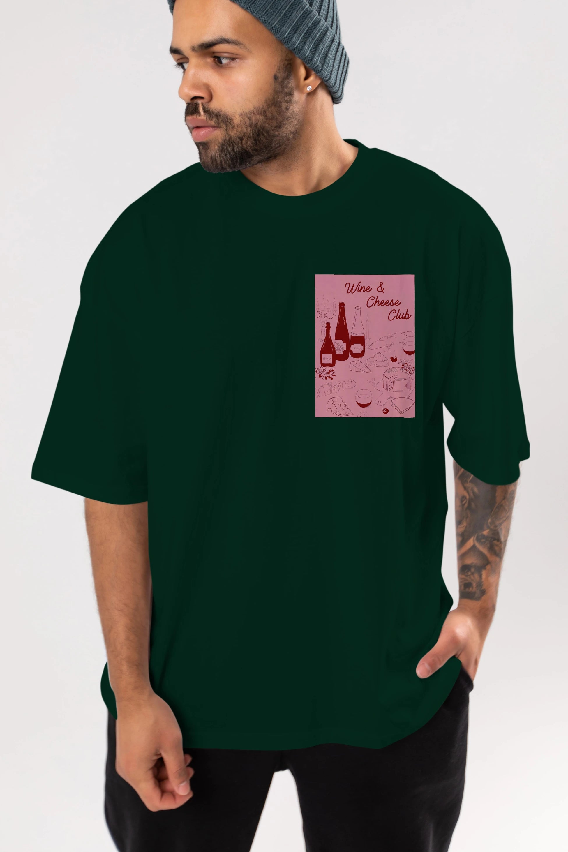Wine Cheese Club Ön Sol Baskılı Oversize t-shirt Erkek Kadın Unisex %100 Pamuk Bisiklet Yaka tişort