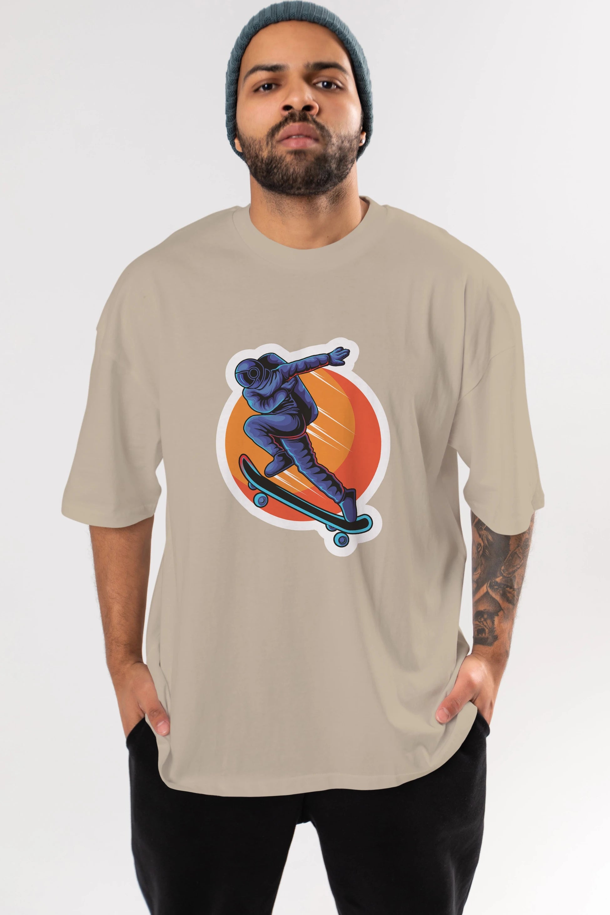Astroskate Run Sticker Ön Baskılı Oversize t-shirt Erkek Kadın Unisex