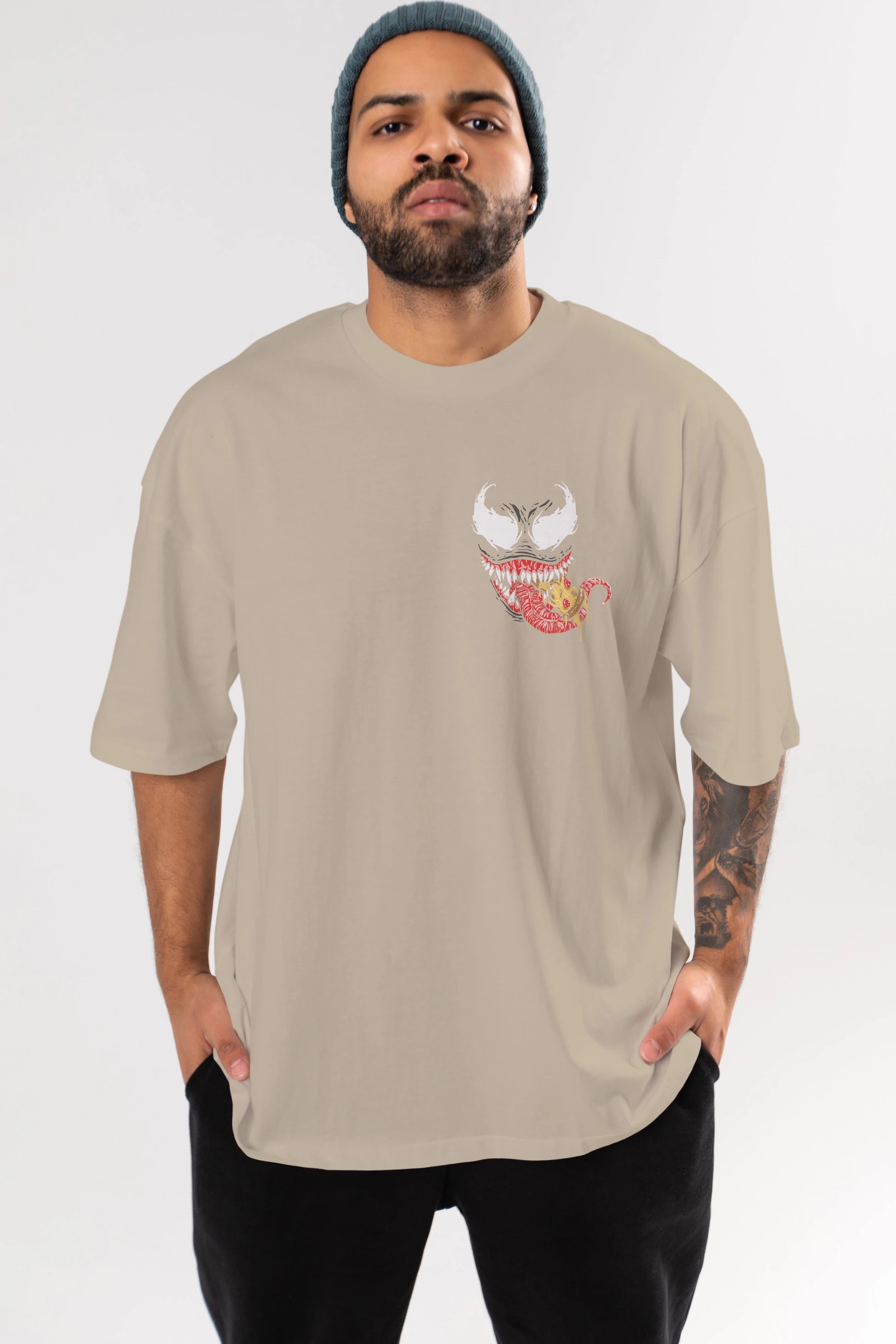 Venom (1) Ön Sol Baskılı Oversize t-shirt Erkek Kadın Unisex %100 Pamuk Bisiklet Yaka tişort