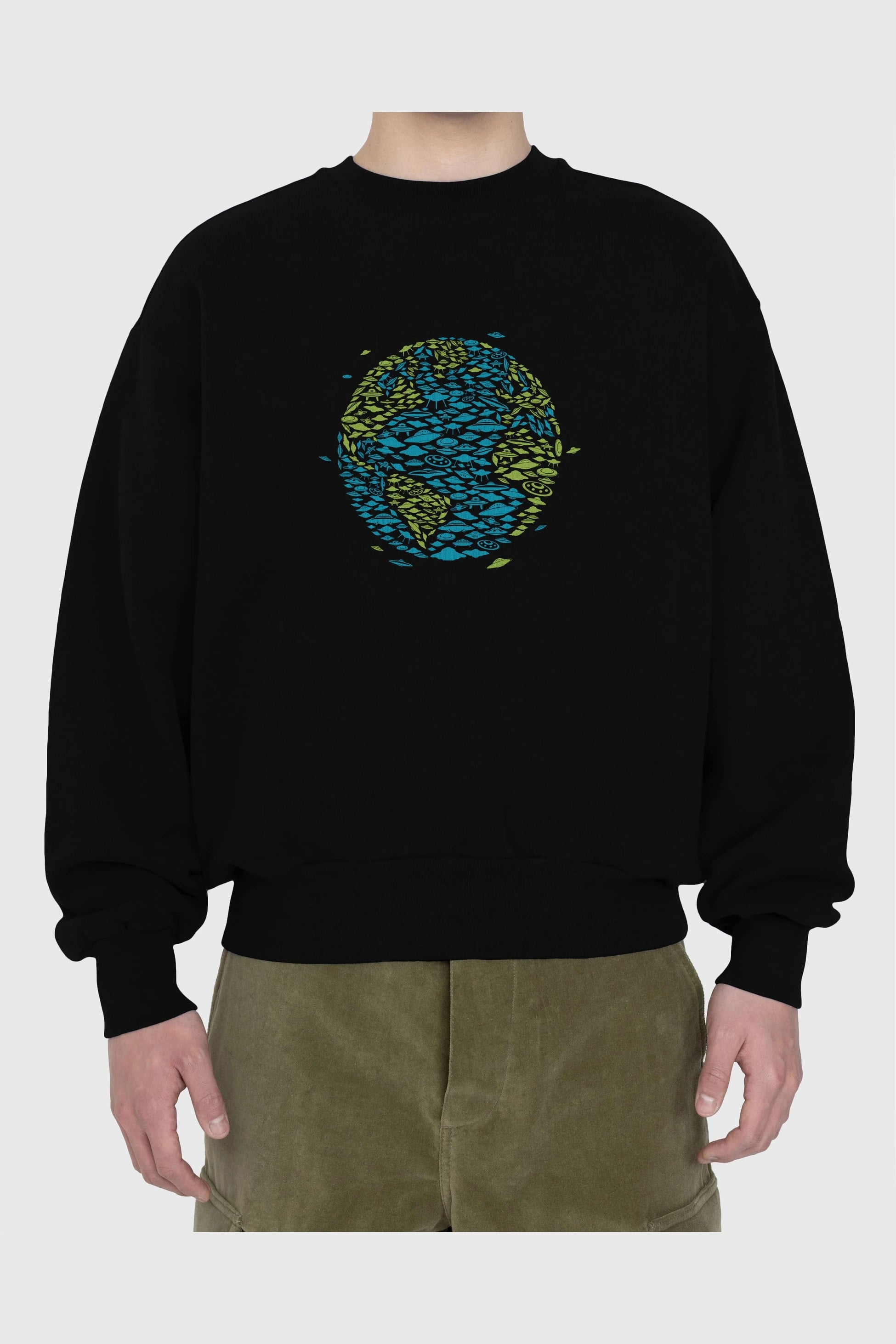 UFO Invasion Ön Baskılı Oversize Sweatshirt Erkek Kadın Unisex