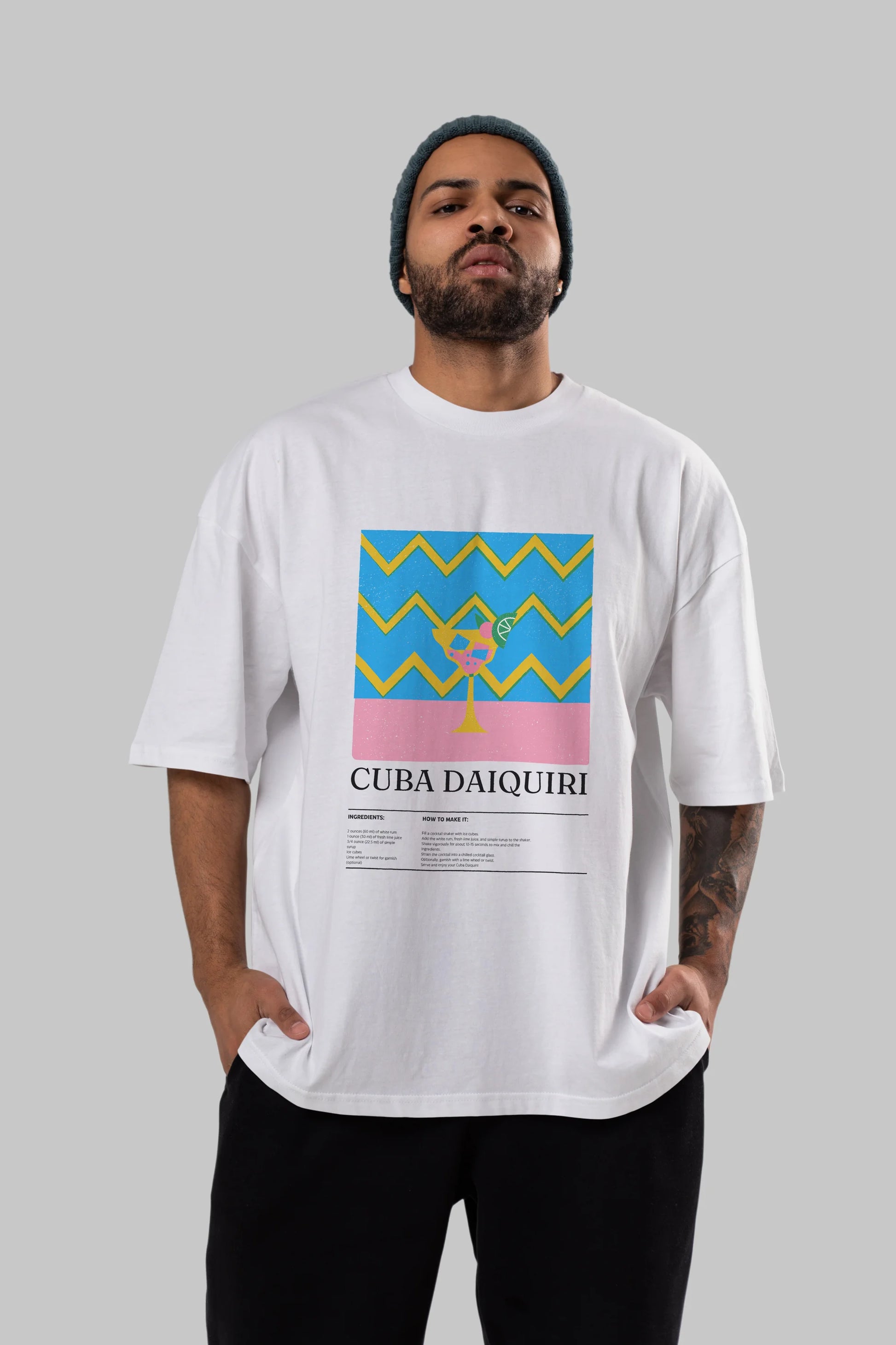 Cuba Daiquiri Kokteyl Ön Baskılı Oversize t-shirt Erkek Kadın %100 Pamuk Bisiklet Yaka tişort