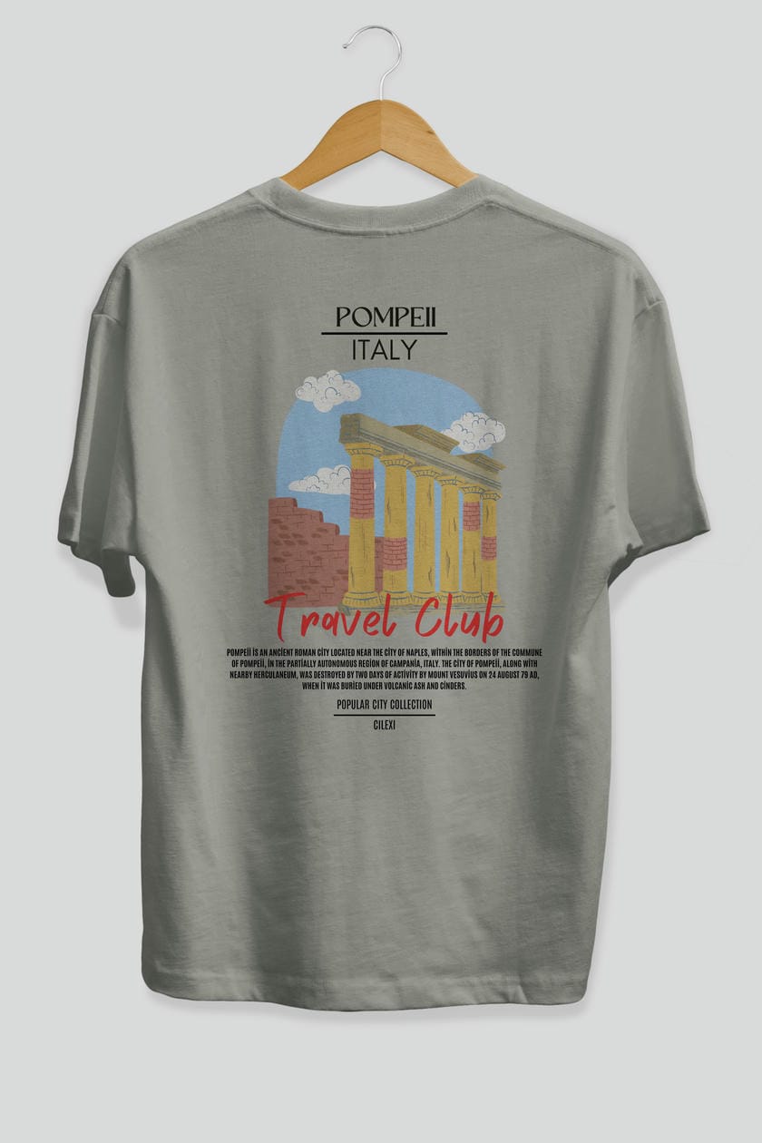 Pompeii İtaly Arka Baskılı Oversize t-shirt Erkek Kadın Pamuk Bisiklet Yaka tişort