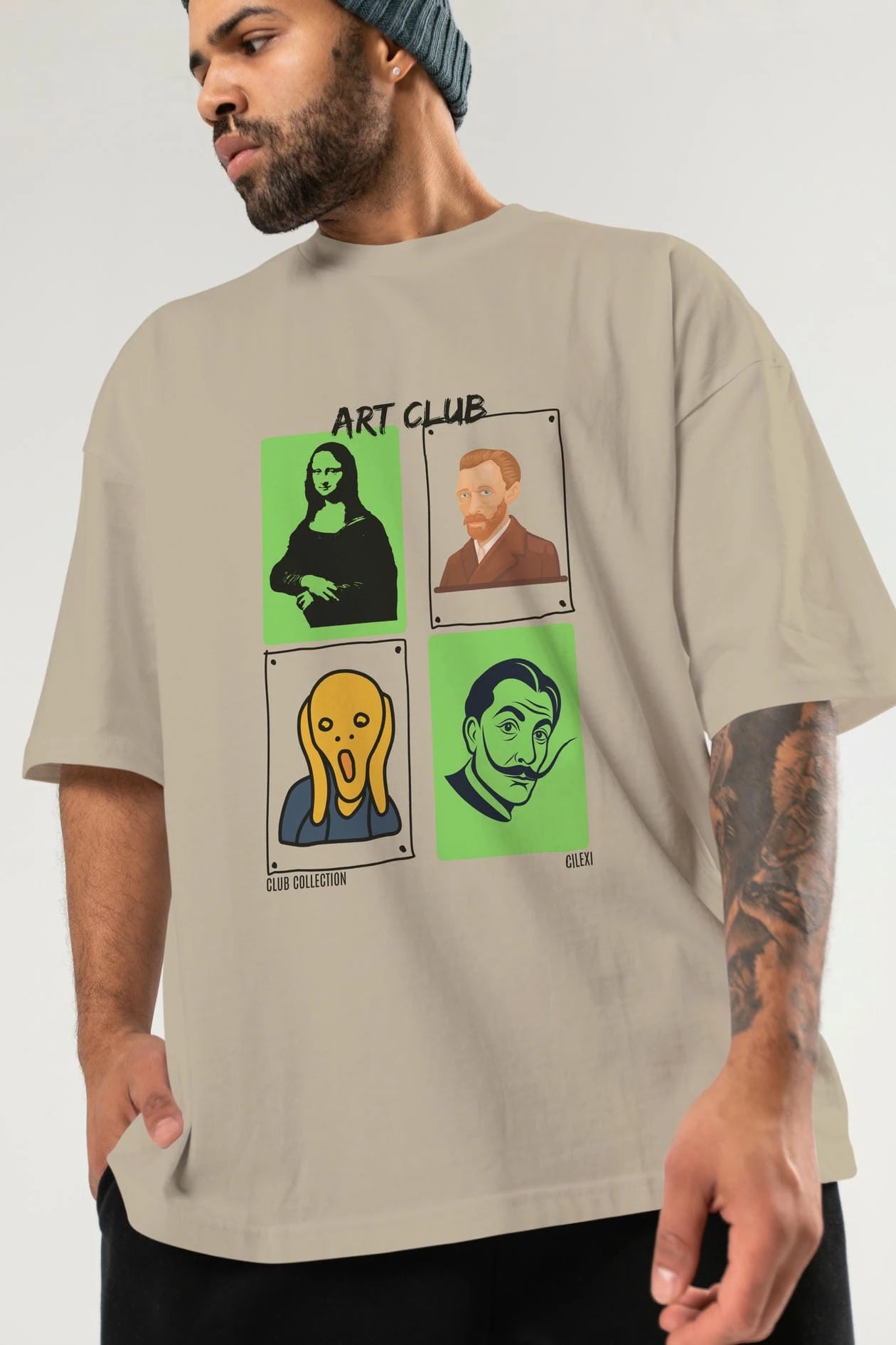 Art Club ön Baskılı Oversize t-shirt Erkek Kadın %100 Pamuk Bisiklet Yaka tişort