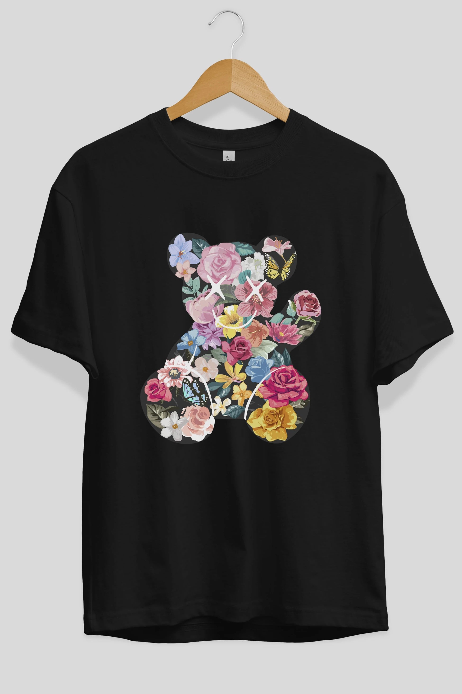 Flowers Bear Ön Baskılı Oversize t-shirt Erkek Kadın Unisex