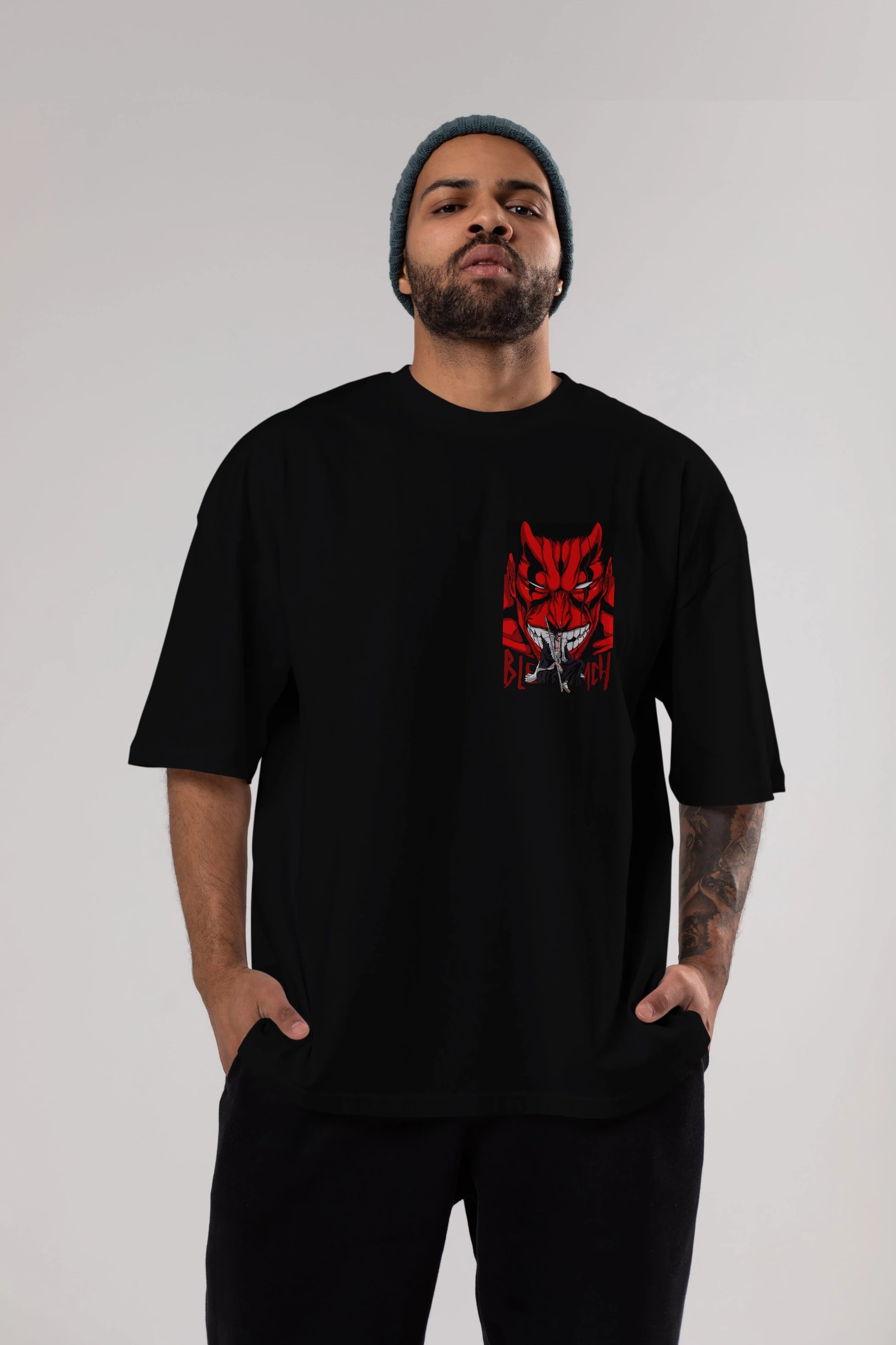 KENPACHI ZARAKI BLEACH Ön Sol Baskılı Oversize t-shirt Erkek Kadın Unisex %100 Pamuk Bisiklet Yaka tişort