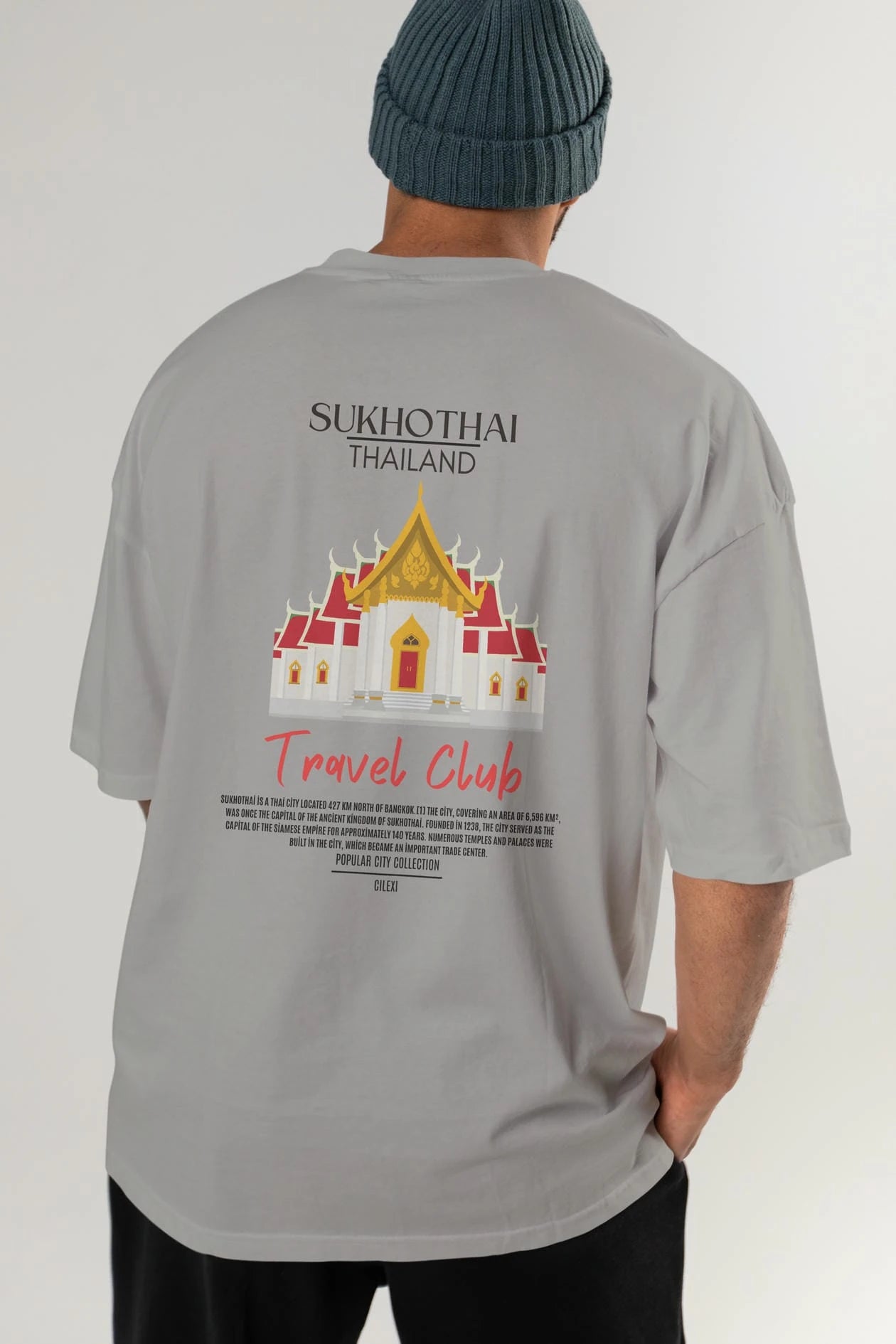 Sukhothai Thailand Arka Baskılı Oversize t-shirt Erkek Kadın Pamuk Bisiklet Yaka tişort