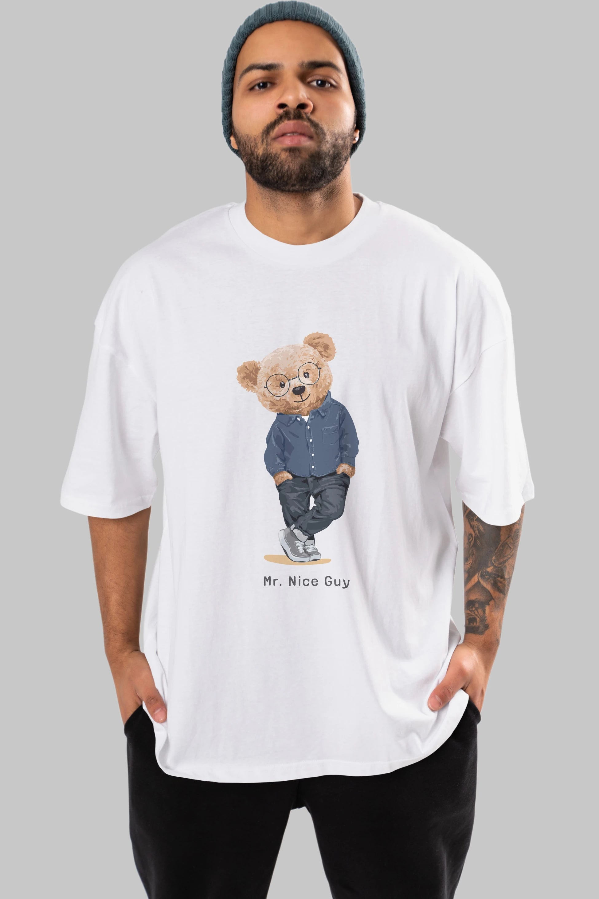 Teddy Bear Mr. Nice Guy Ön Baskılı Oversize t-shirt Erkek Kadın Unisex %100 Pamuk
