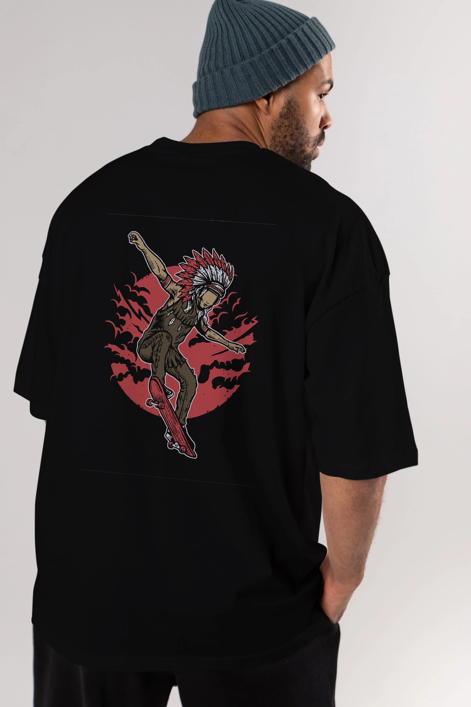 Indian Chief Skateboard Arka Baskılı Oversize t-shirt Erkek Kadın Unisex %100 Pamuk