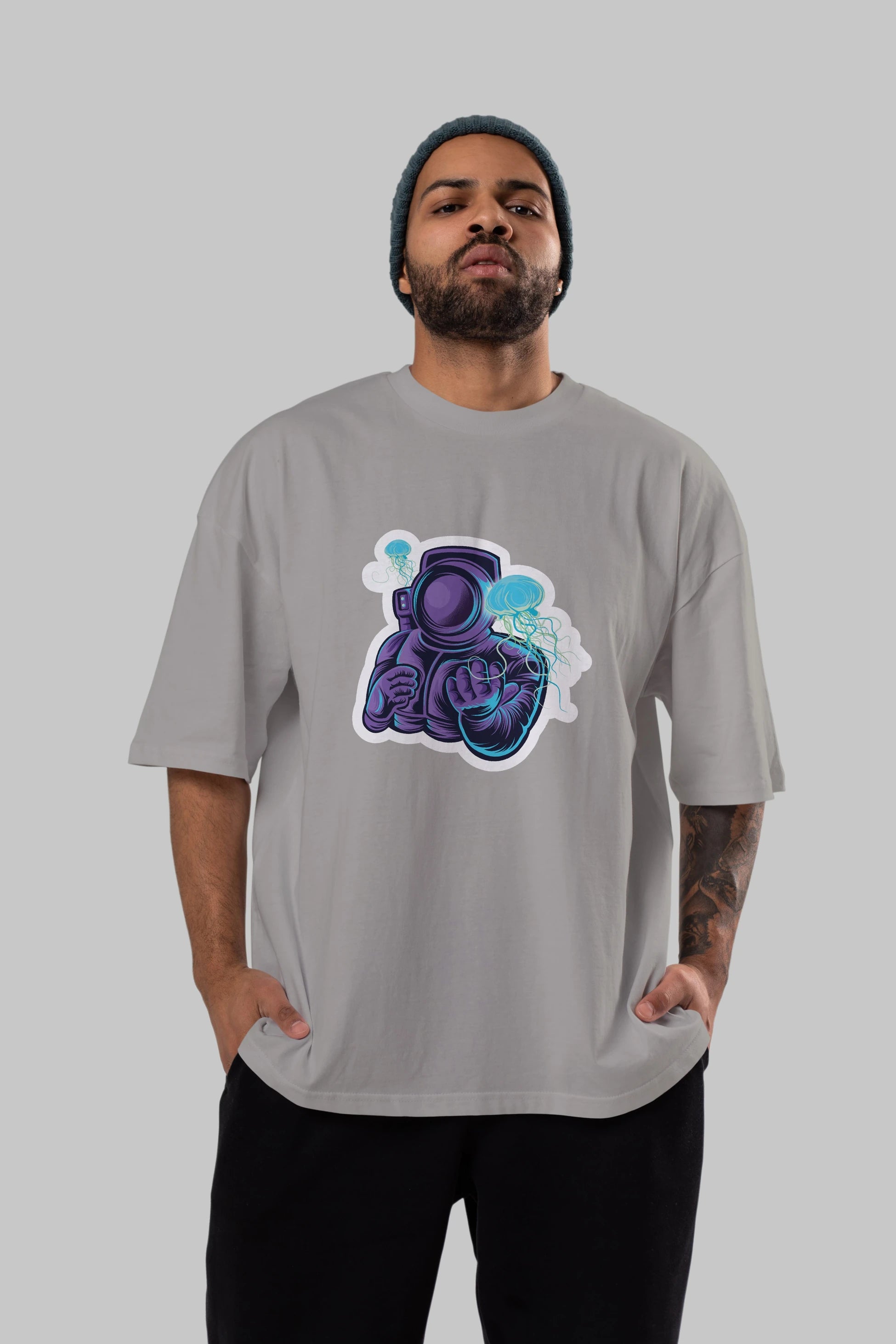 Astronaut and Jellyfish Sticker Ön Baskılı Oversize t-shirt Erkek Kadın Unisex