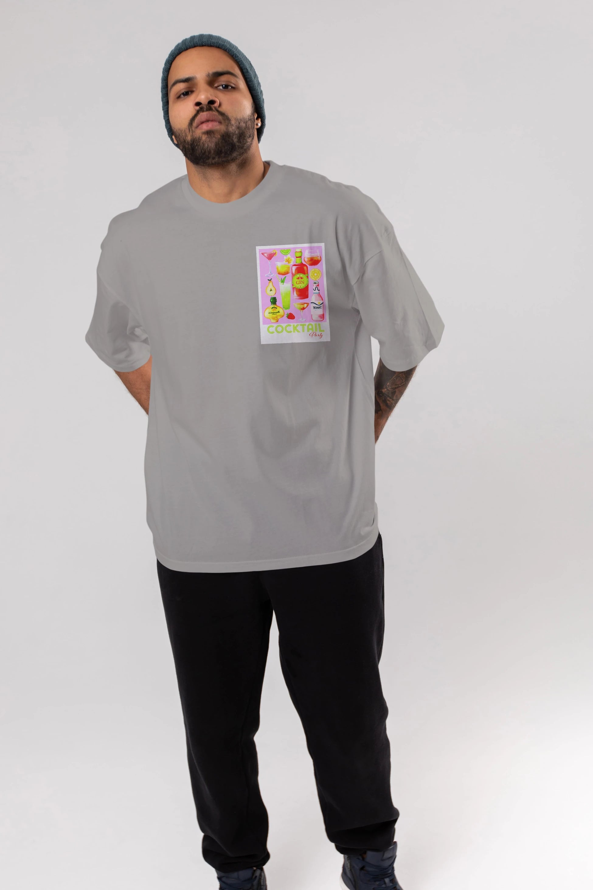 Cocktail Party Ön Sol Baskılı Oversize t-shirt Erkek Kadın Unisex %100 Pamuk Bisiklet Yaka tişort