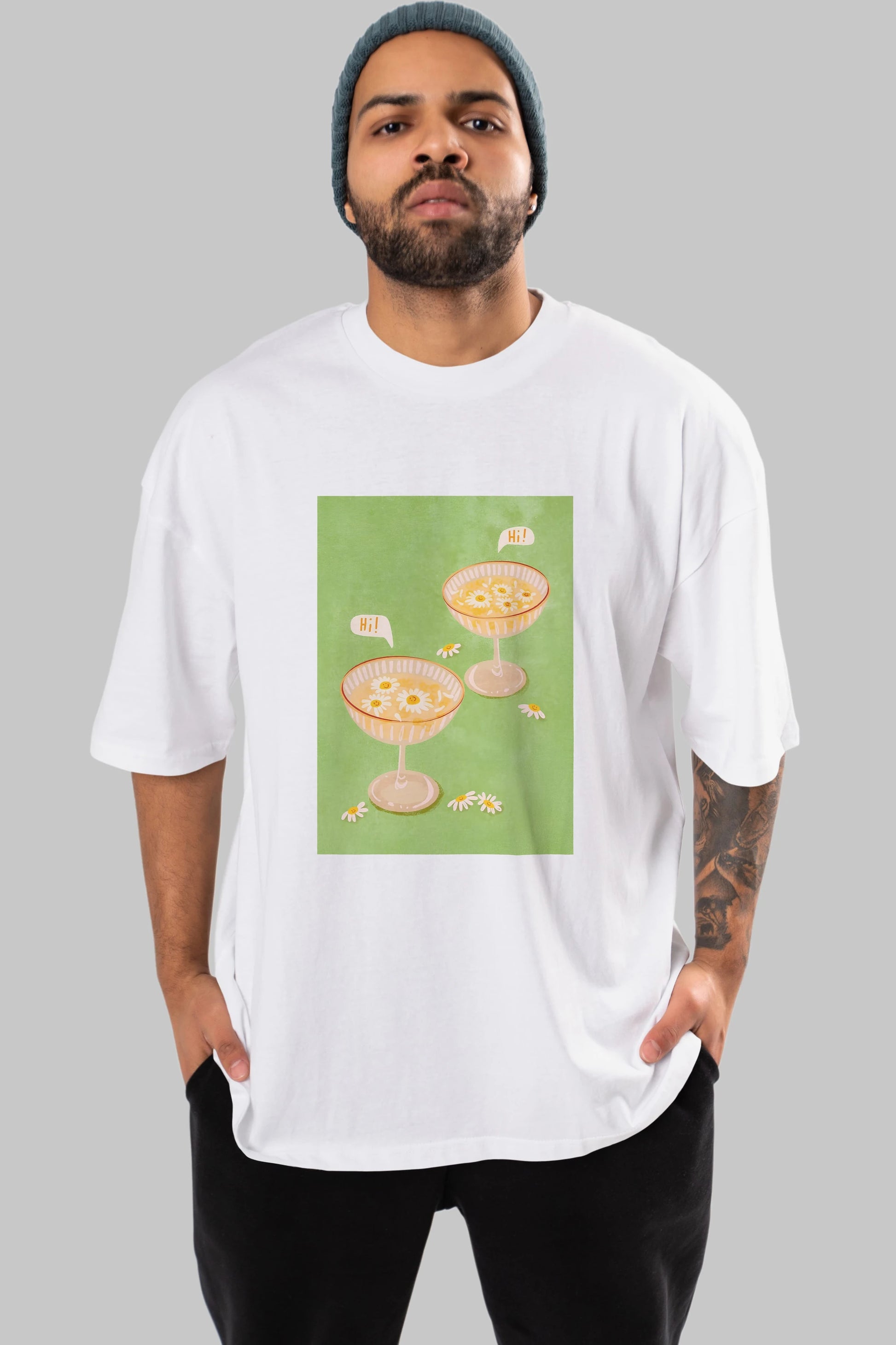 Hi Cheers Ön Baskılı Oversize t-shirt Erkek Kadın Unisex %100 Pamuk Bisiklet Yaka tişort