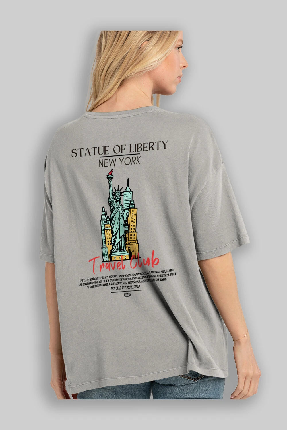 Statue Of Liberty New York Arka Baskılı Oversize t-shirt Erkek Kadın Pamuk Bisiklet Yaka tişort