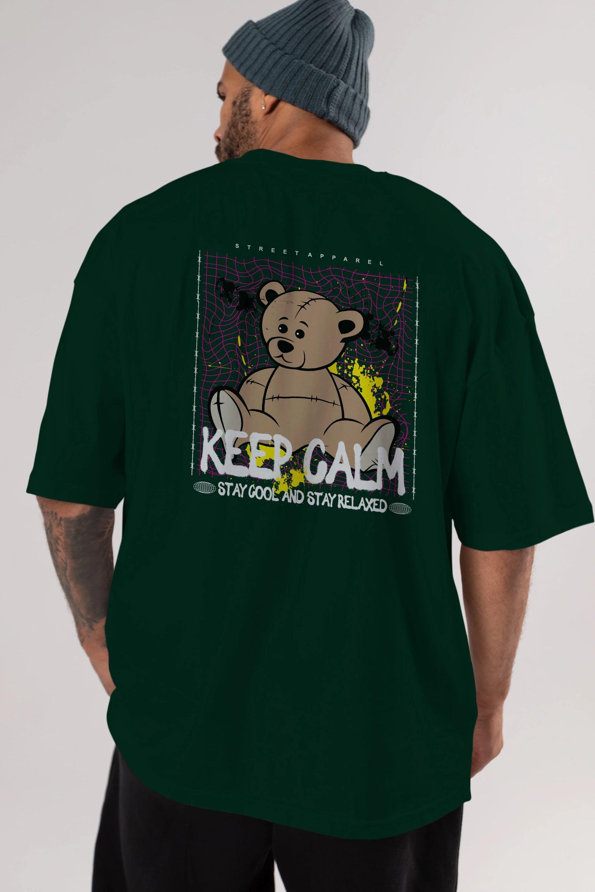Keep Calm Bear Arka Baskılı Oversize t-shirt Erkek Kadın Unisex