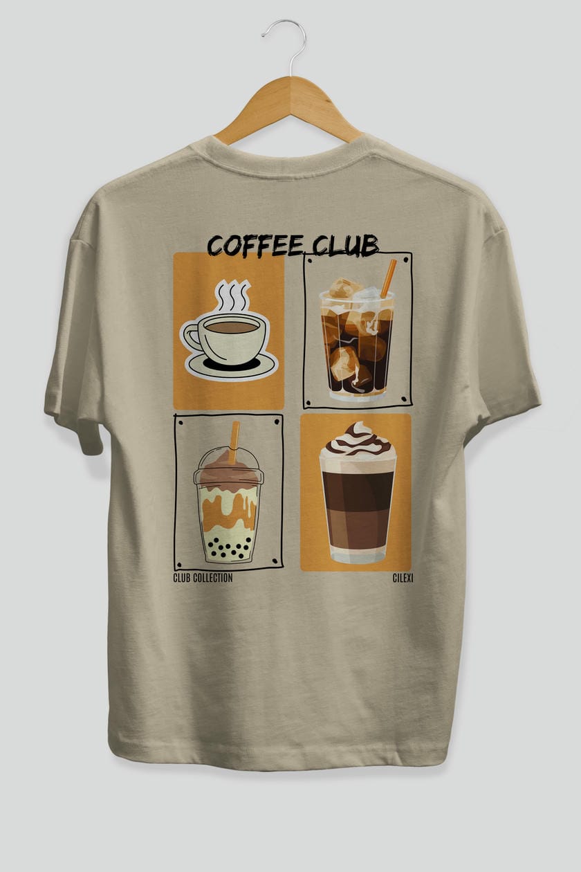 Coffee Club Arka Baskılı Oversize t-shirt Erkek Kadın %100 Pamuk Bisiklet Yaka tişort