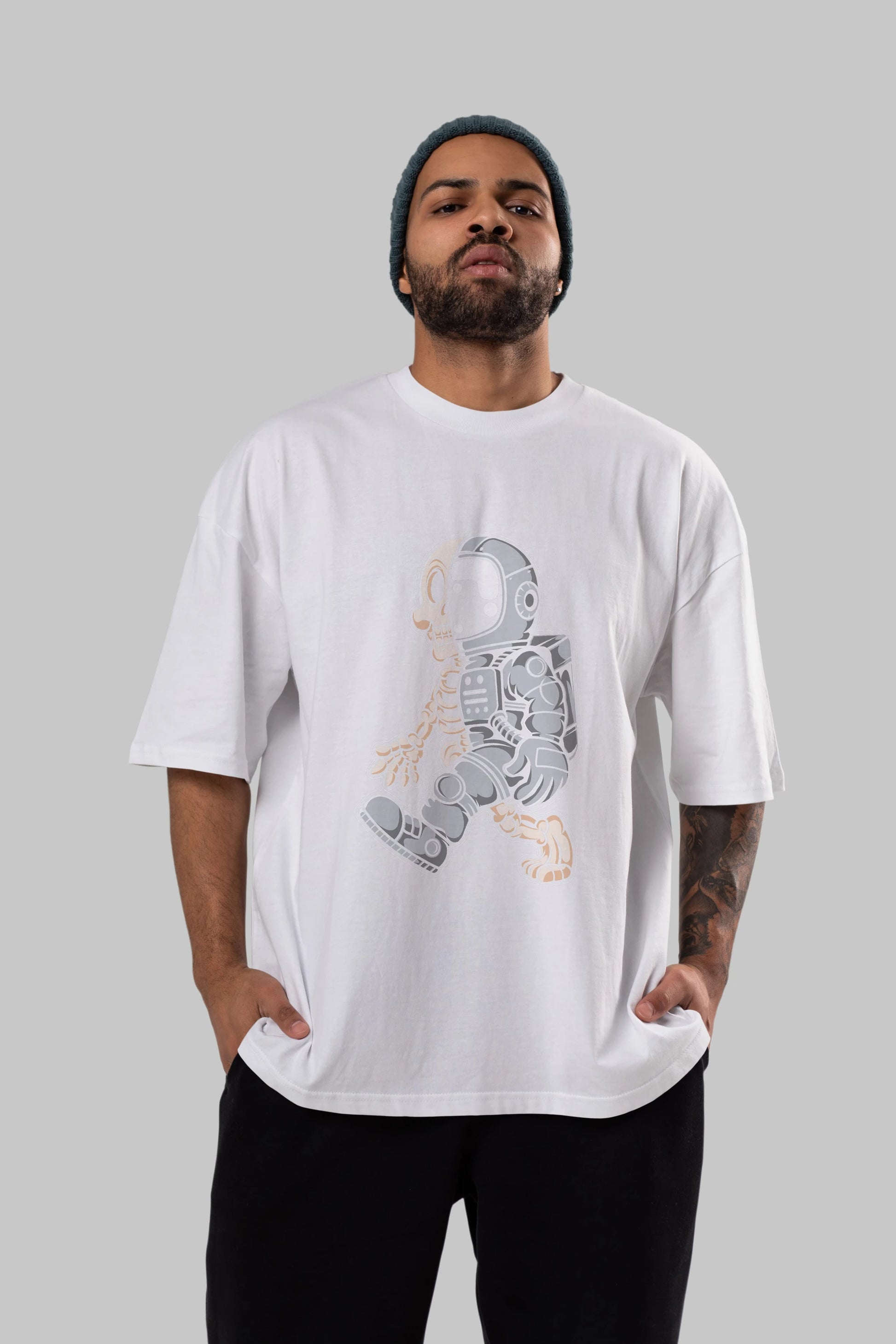 Astronaut Half Skull Ön Baskılı Oversize t-shirt Erkek Kadın Unisex