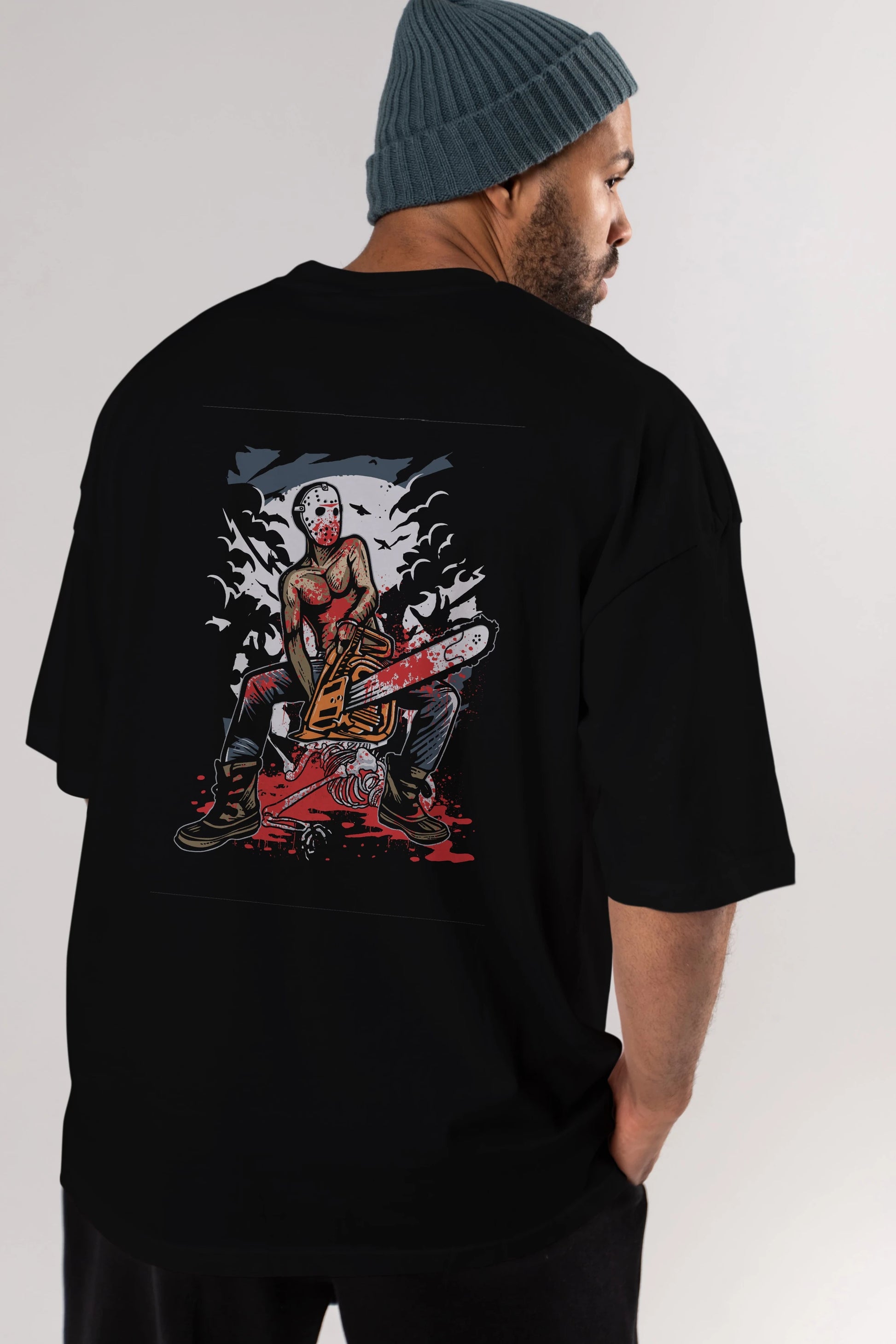 Chainsaw Killer Arka Baskılı Oversize t-shirt Erkek Kadın Unisex %100 Pamuk