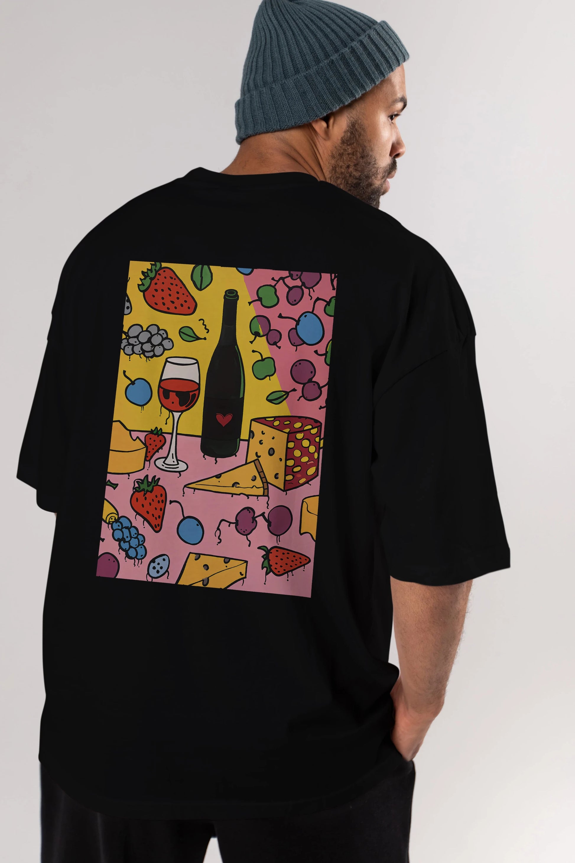 Wine Cheese Fruits Arka Baskılı Oversize t-shirt Erkek Kadın Unisex %100 Pamuk Bisiklet Yaka tişort