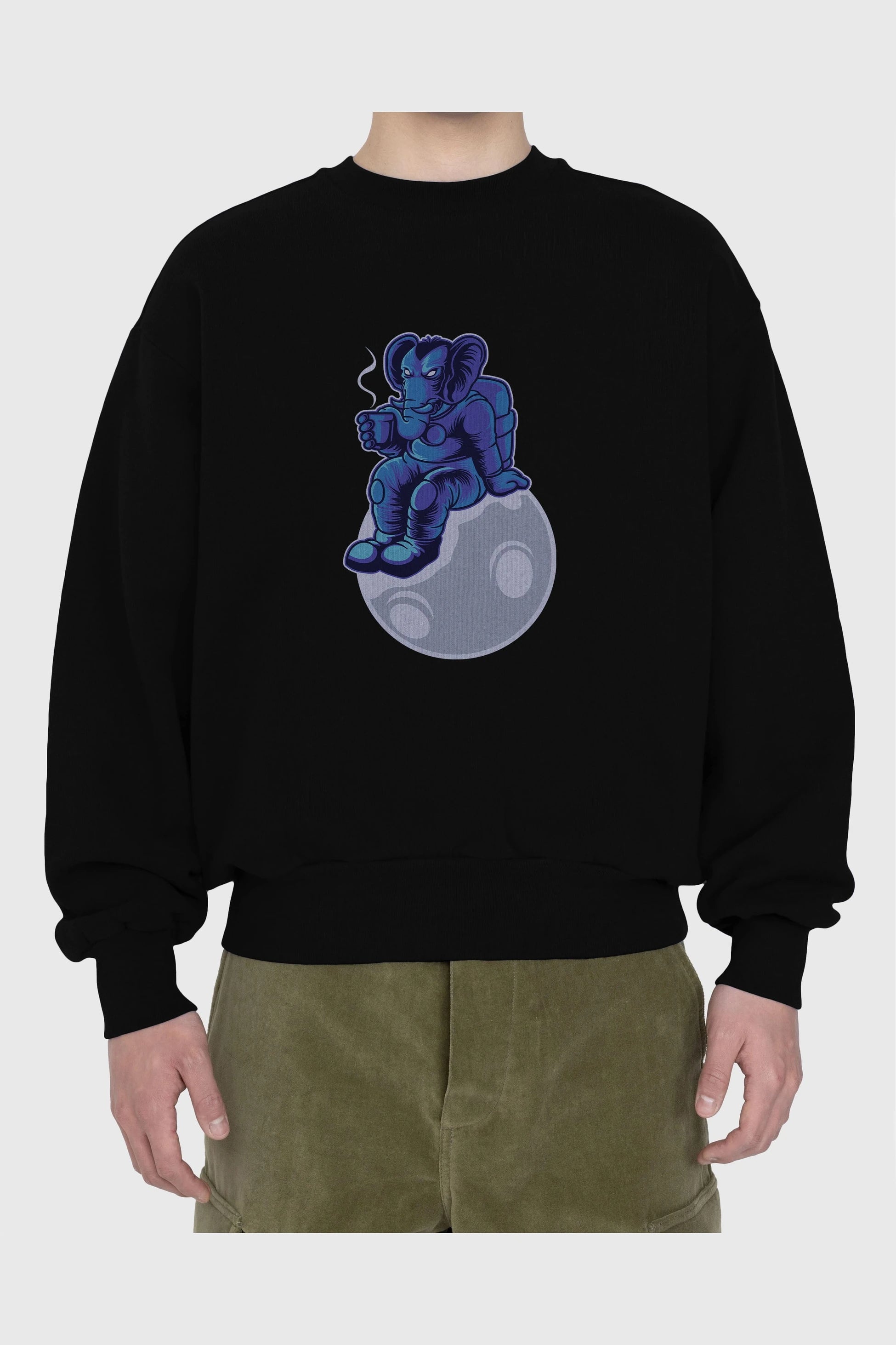 Space Elephant Drink Coffee Ön Baskılı Oversize Sweatshirt Erkek Kadın Unisex