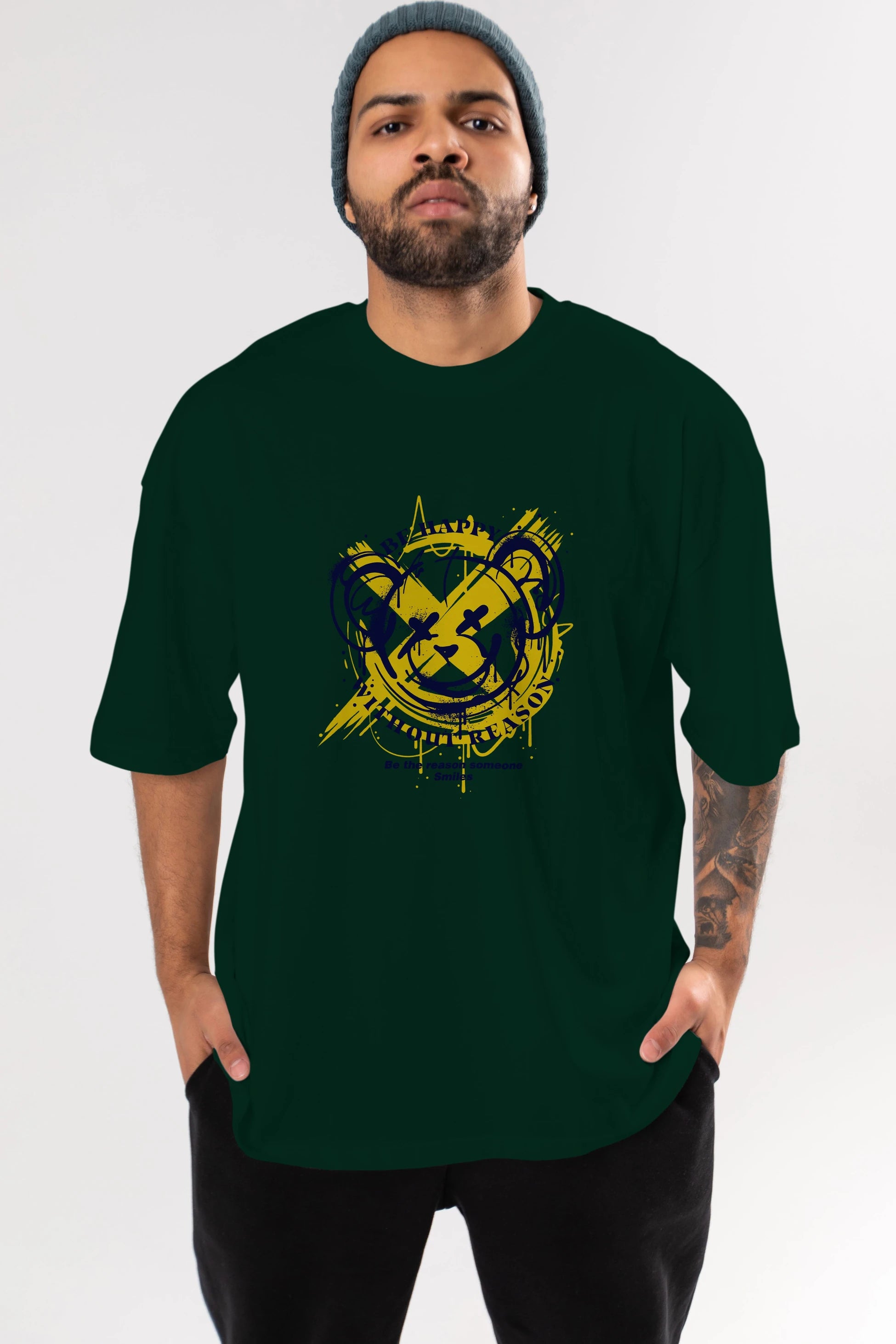 Be Happy Bear 2 Ön Baskılı Oversize t-shirt Erkek Kadın Unisex