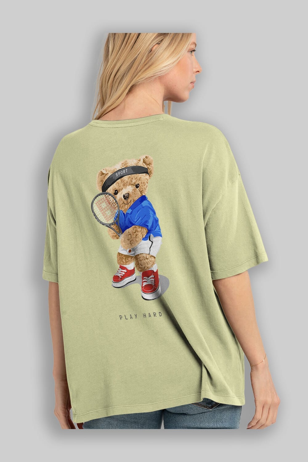 Teddy Bear Play Hard Arka Baskılı Oversize t-shirt Erkek Kadın Unisex %100 Pamuk