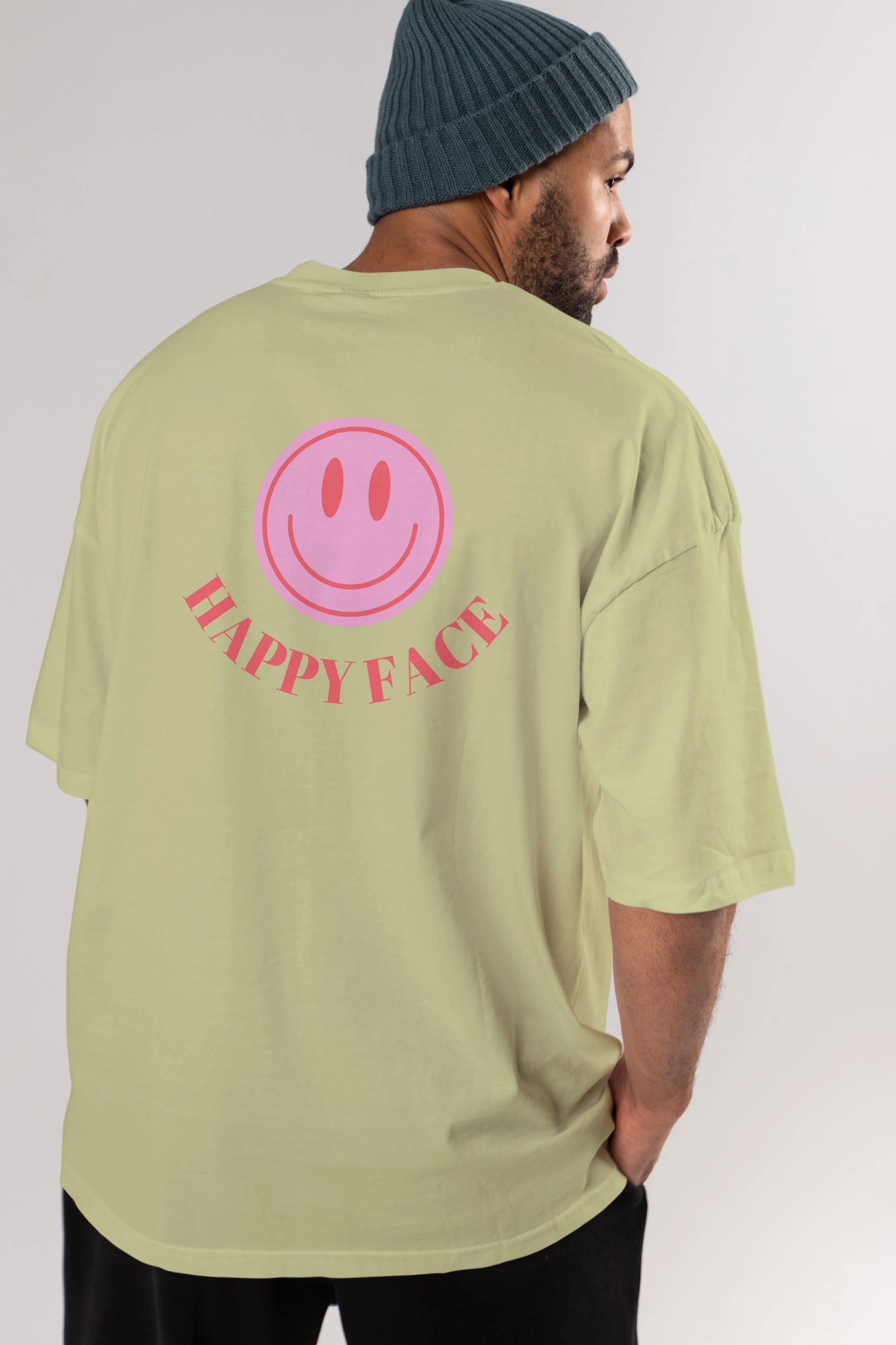 Happy Face Yazılı Arka Baskılı Oversize t-shirt Erkek Kadın Unisex