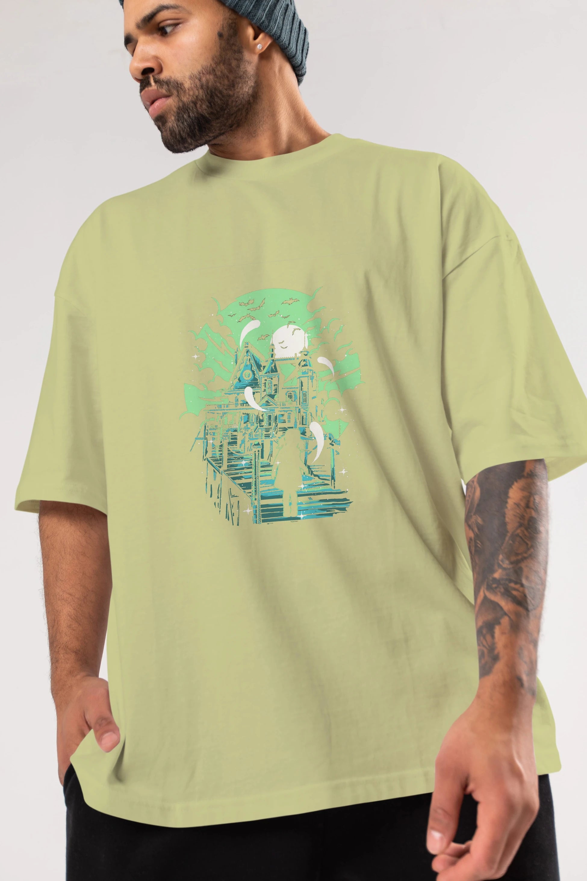 Haunted House Ön Baskılı Oversize t-shirt Erkek Kadın Unisex %100 Pamuk tişort