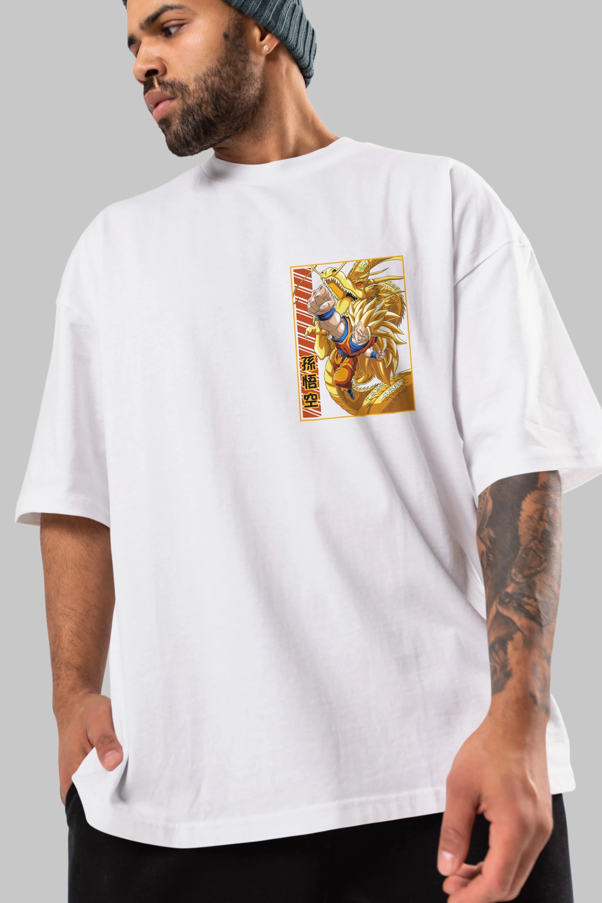 DragonBall Goku Ön Sol Baskılı Oversize t-shirt Erkek Kadın Unisex %100 Pamuk Bisiklet Yaka tişort