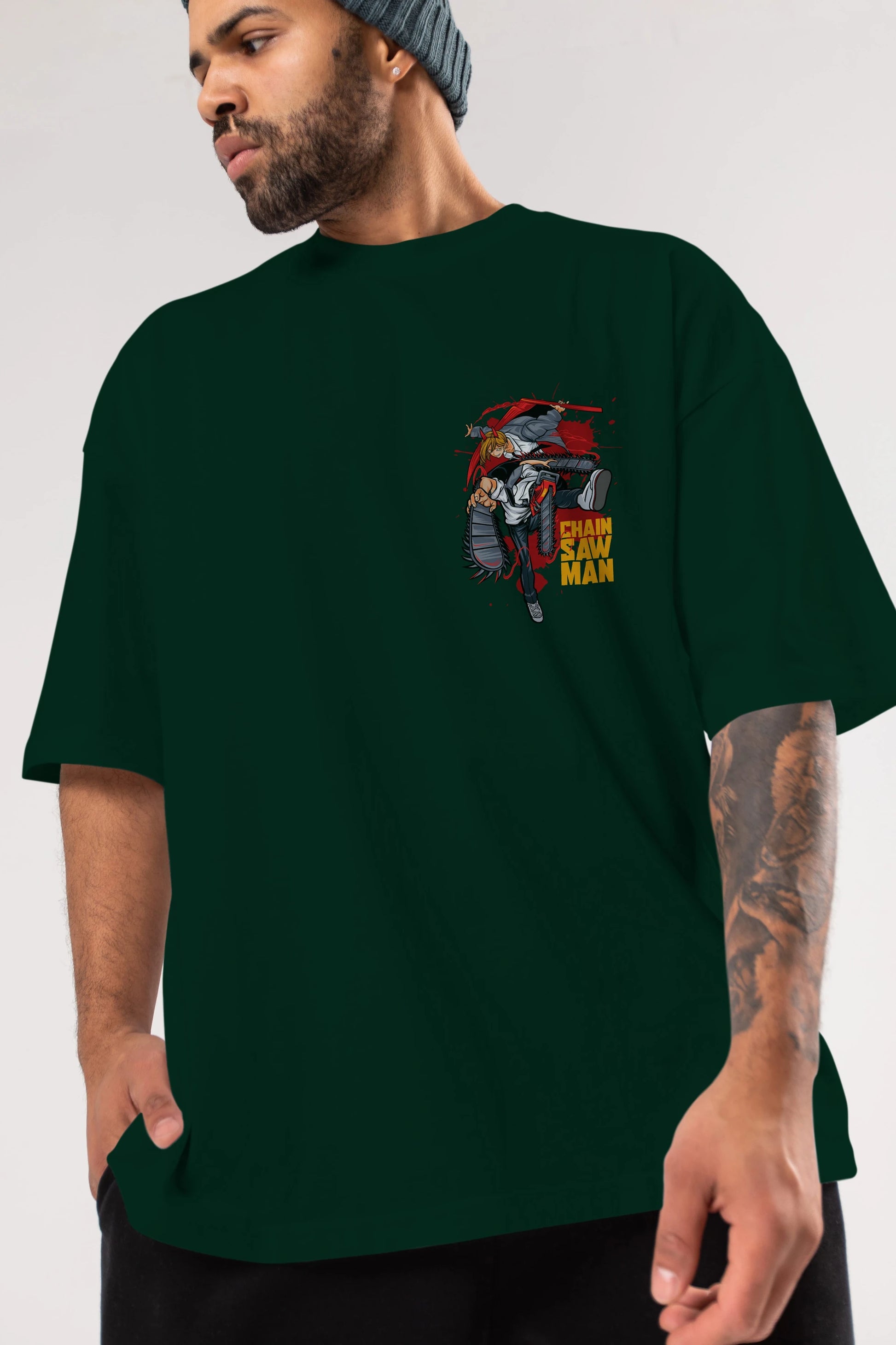 DENJI and POWER Ön Sol Baskılı Oversize t-shirt Erkek Kadın Unisex %100 Pamuk Bisiklet Yaka tişort