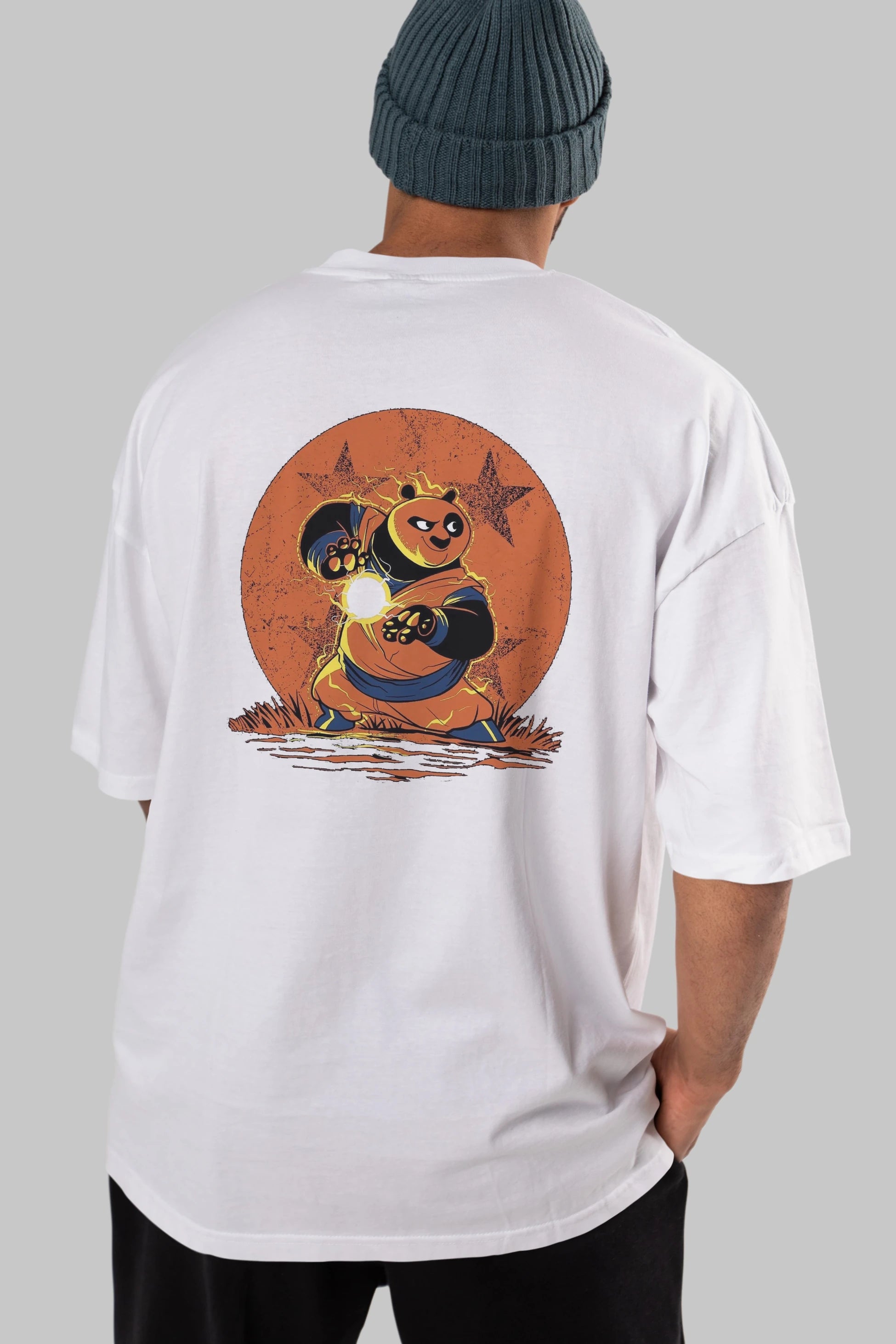 Kung Fu Panda Arka Baskılı Oversize t-shirt Erkek Kadın Unisex %100 Pamuk Bisiklet Yaka tişort