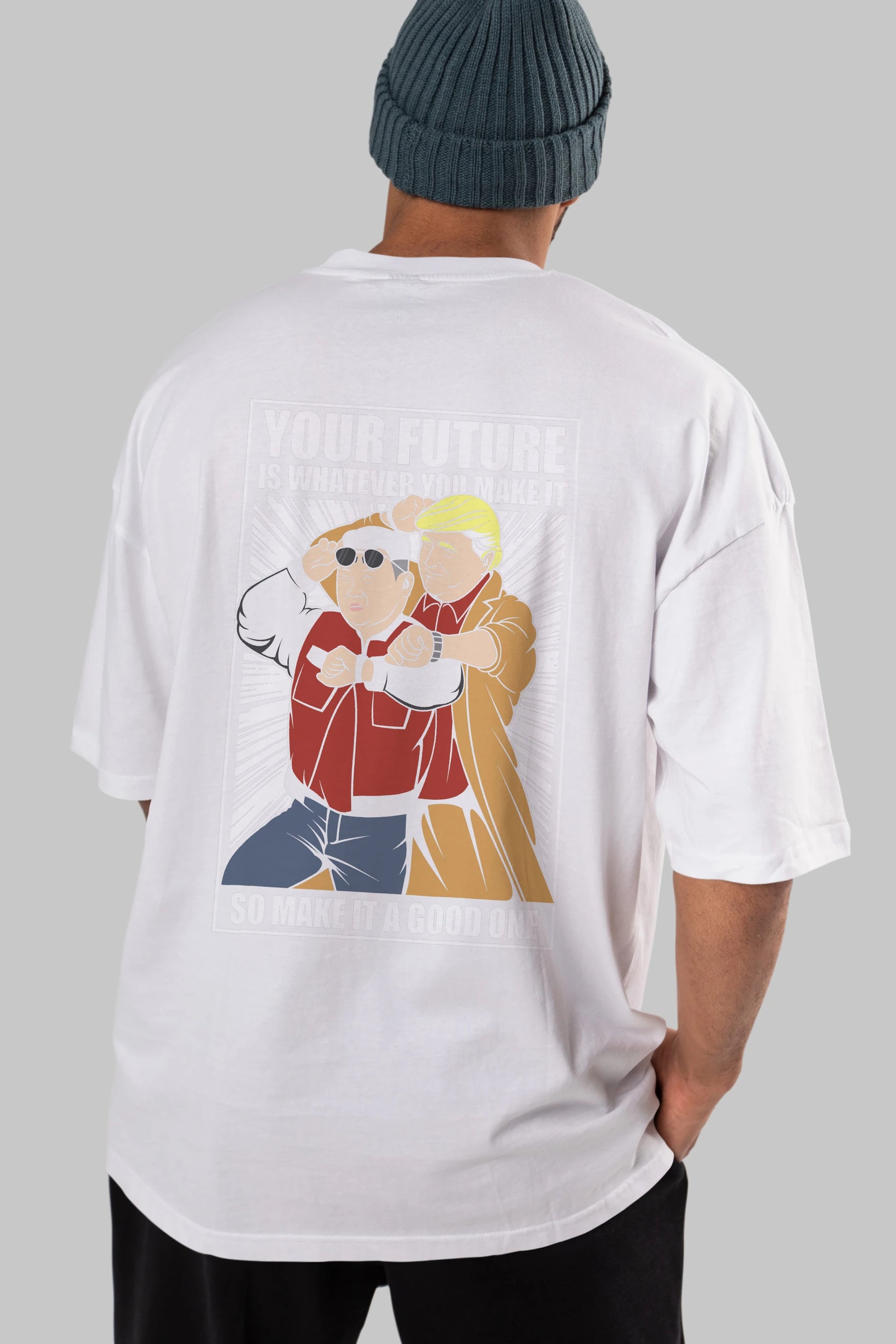 Back To The Future Jong Un Trump Arka Baskılı Oversize t-shirt Erkek Kadın Unisex %100 Pamuk tişort