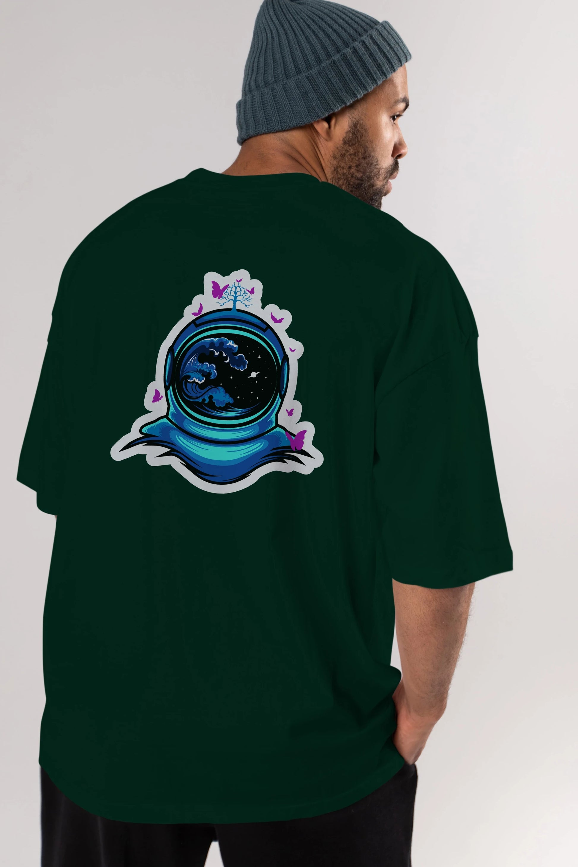 Astronaut and Butterfly Sticker Arka Baskılı Oversize t-shirt Erkek Kadın Unisex