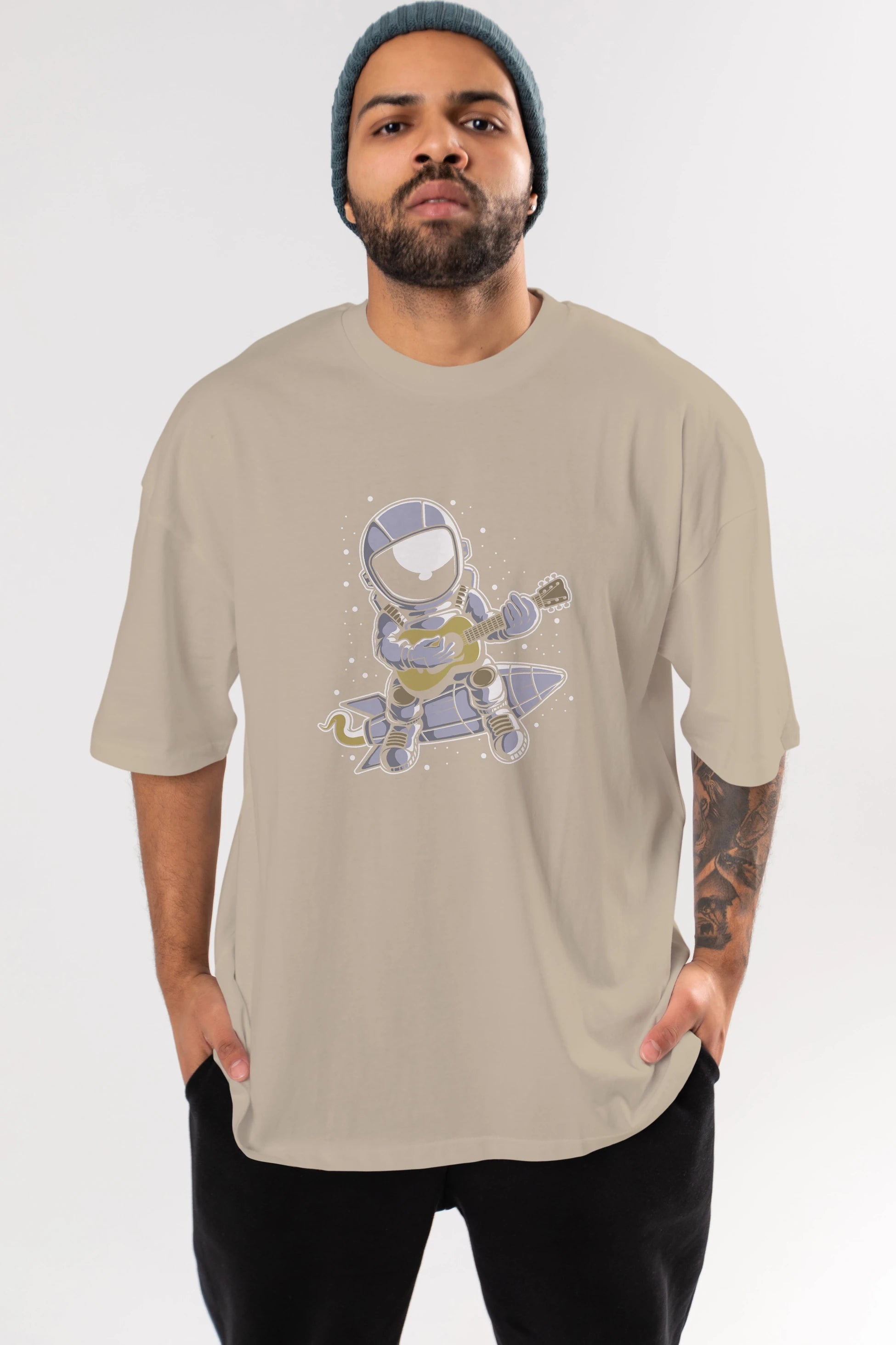 Astronaut Guitar (2) Ön Baskılı Oversize t-shirt Erkek Kadın Unisex