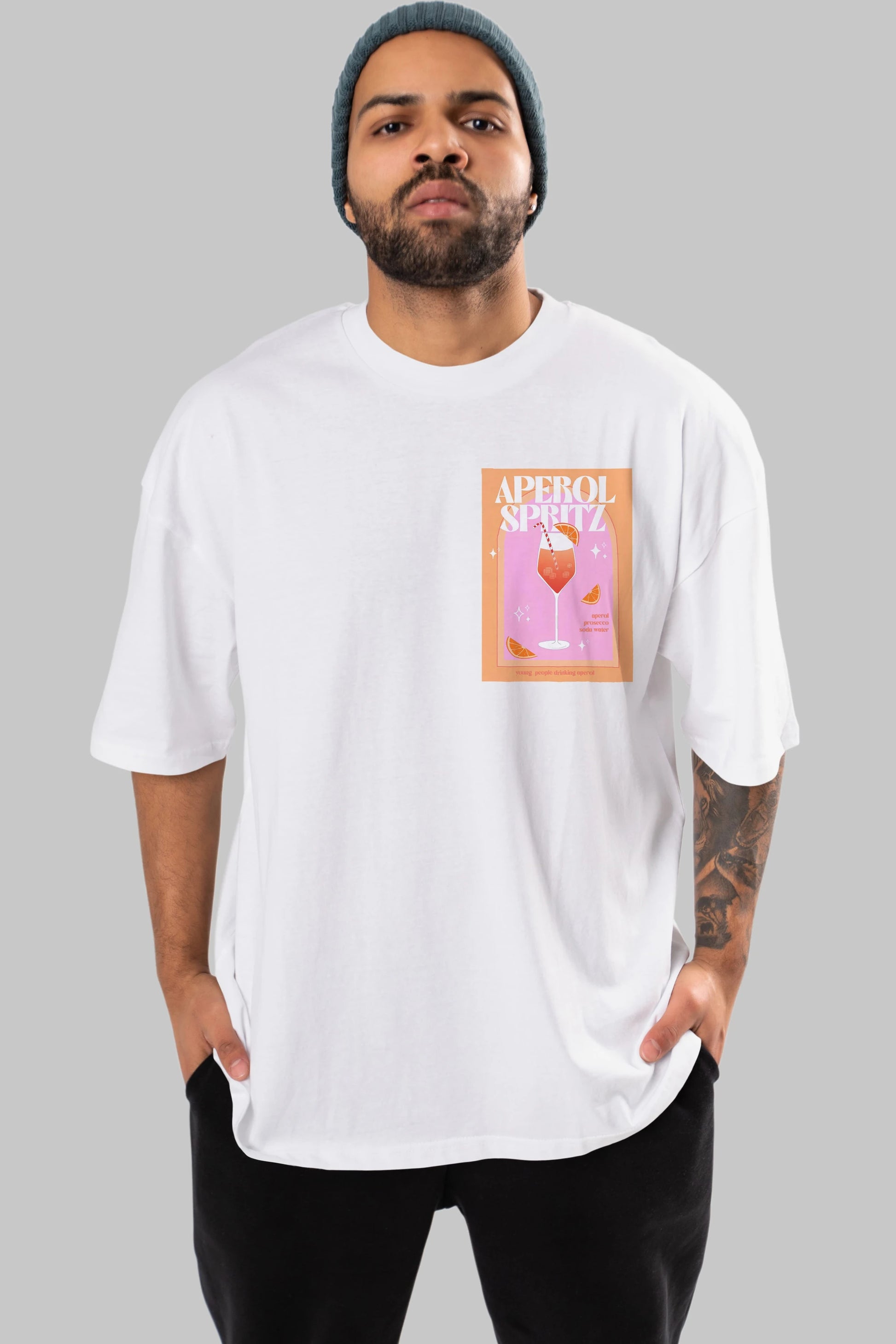 Aperol Spritz 2 Ön Sol Baskılı Oversize t-shirt Erkek Kadın Unisex %100 Pamuk Bisiklet Yaka tişort