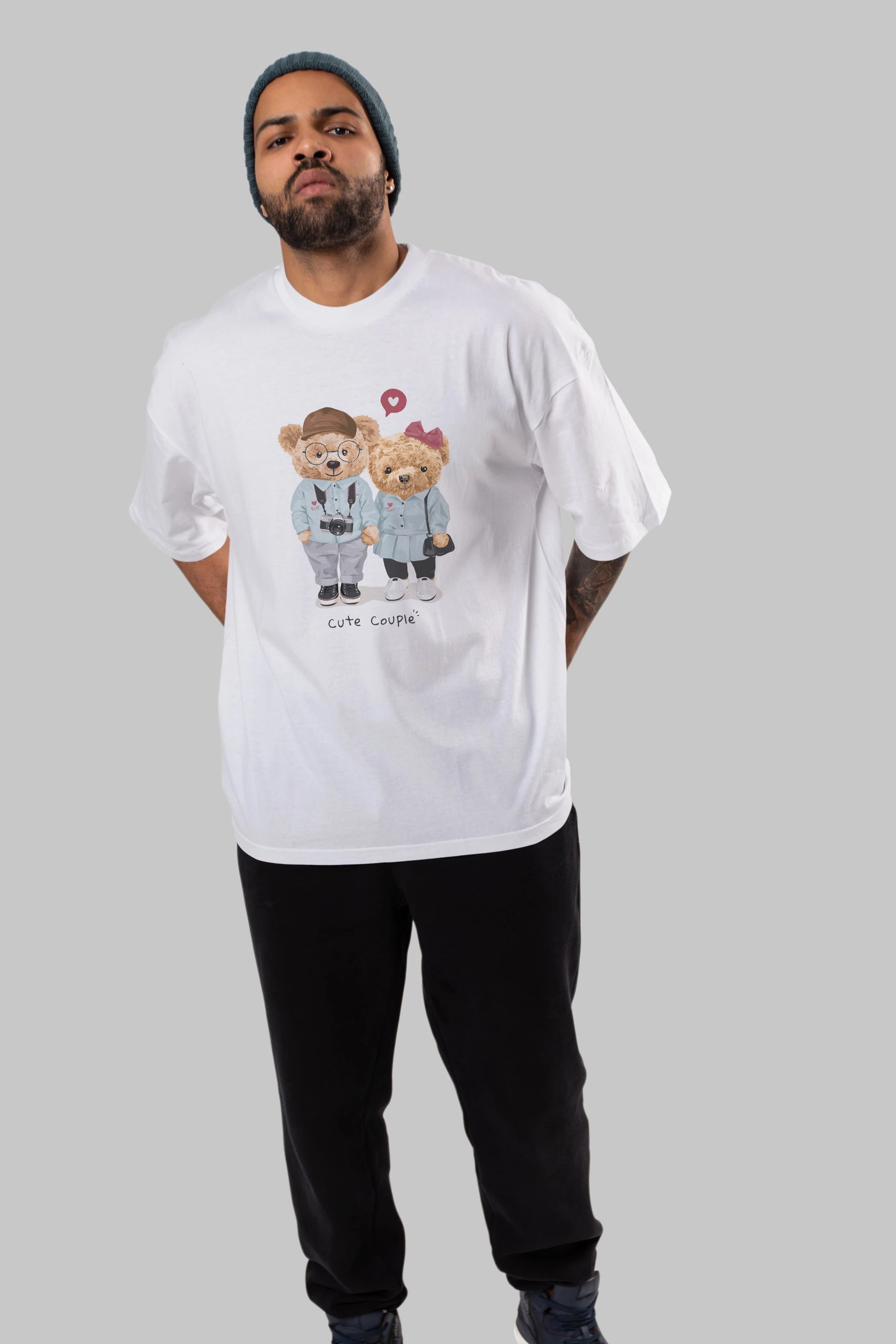 Teddy Bear Cute Couple Ön Baskılı Oversize t-shirt Erkek Kadın Unisex %100 Pamuk
