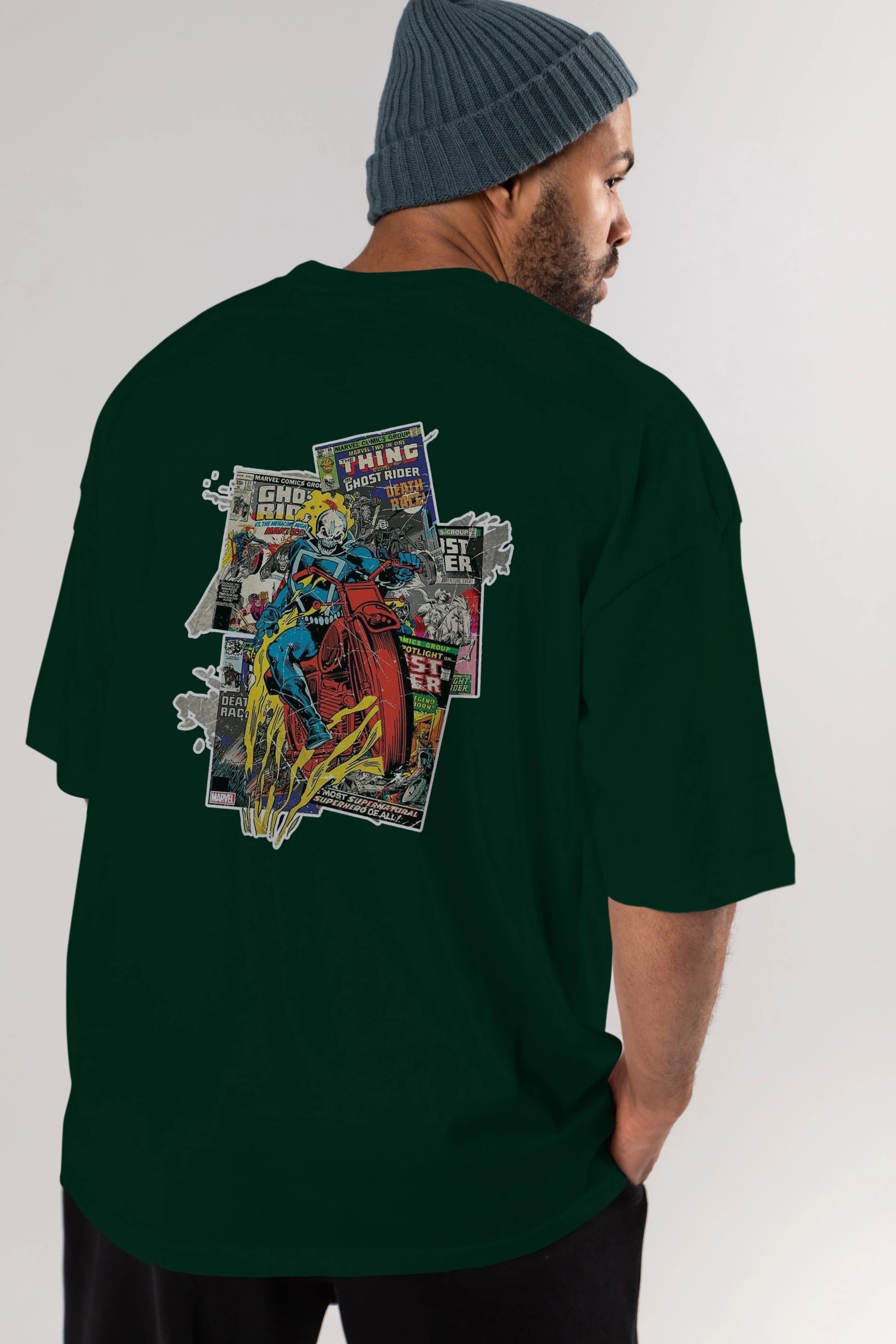 Ghost Rider Arka Baskılı Oversize t-shirt Erkek Kadın Unisex %100 Pamuk Bisiklet Yaka tişort
