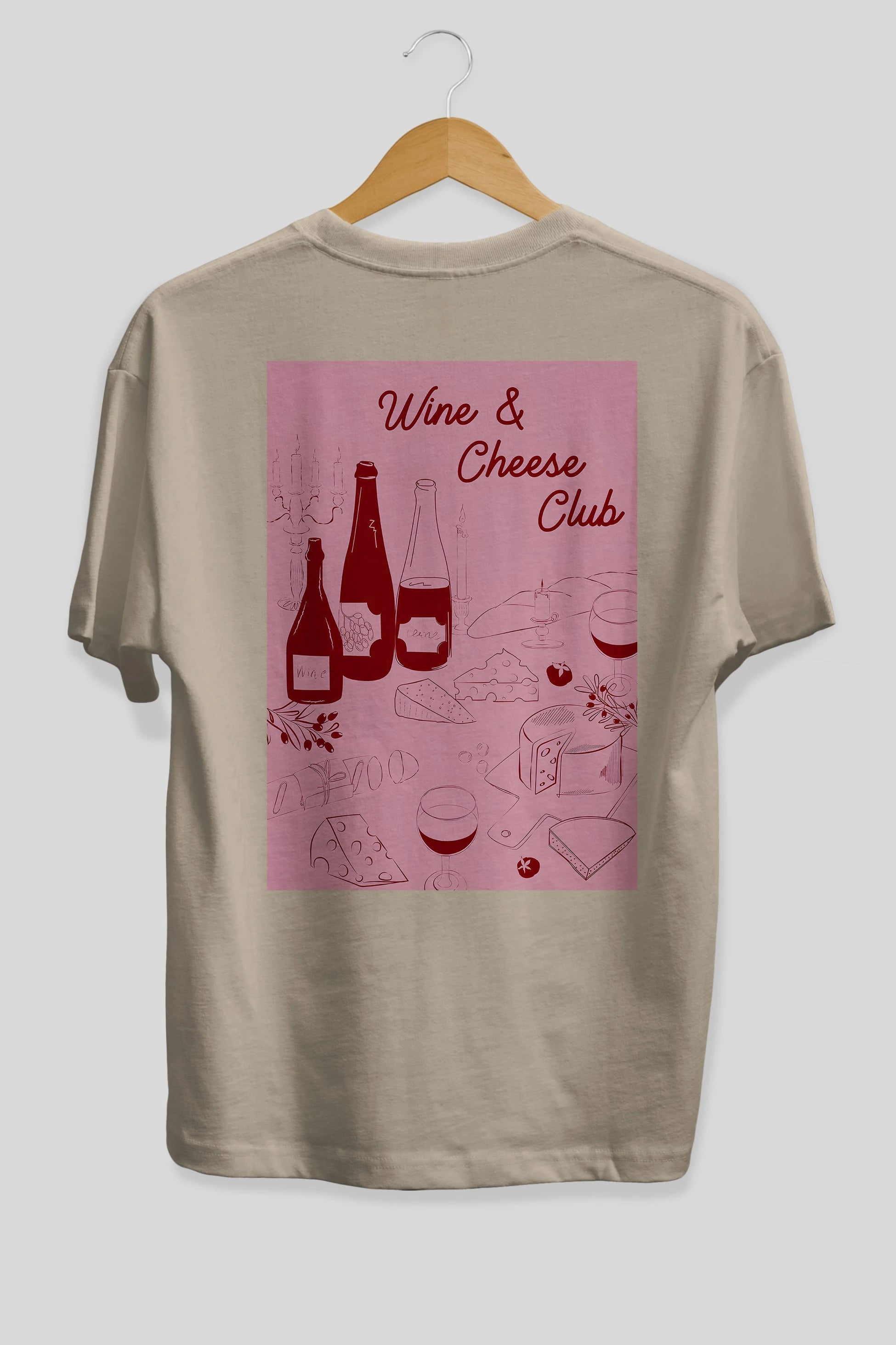 Wine Cheese Club Arka Baskılı Oversize t-shirt Erkek Kadın Unisex %100 Pamuk Bisiklet Yaka tişort