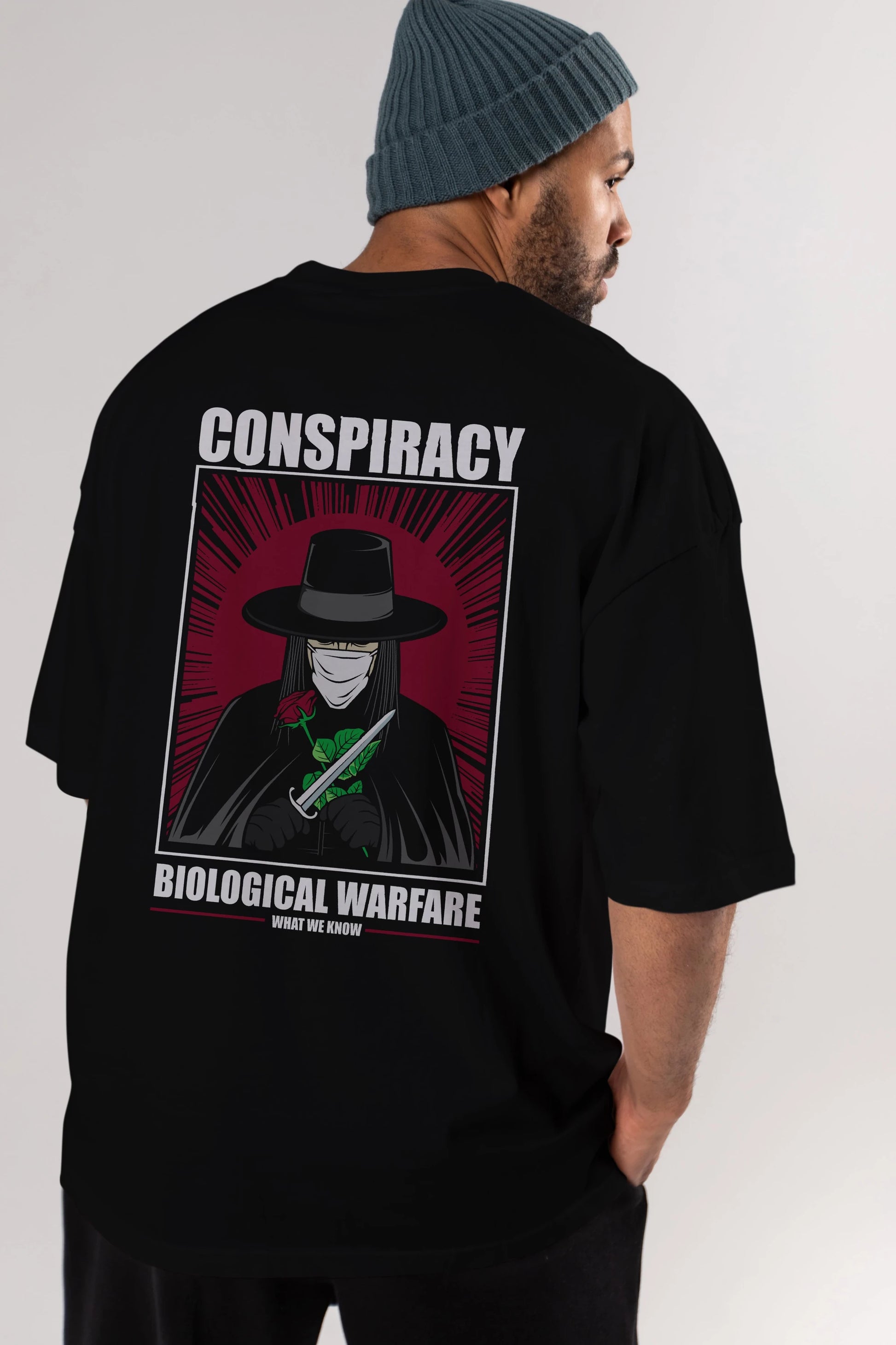 Vendetta Masker Arka Baskılı Oversize t-shirt Erkek Kadın Unisex %100 Pamuk tişort