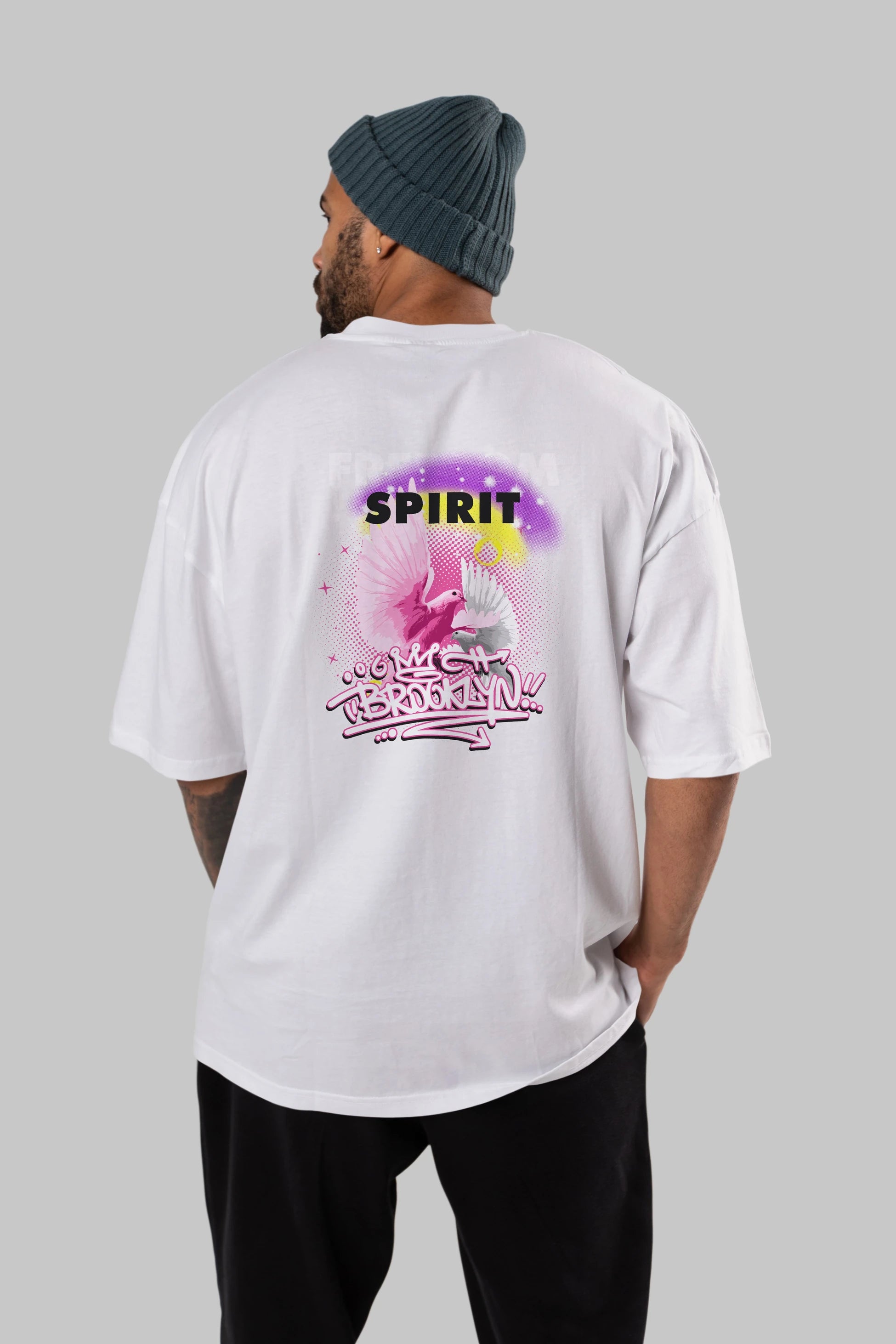 Freedom Spirit Brooklyn Arka Baskılı Oversize t-shirt Erkek Kadın Unisex