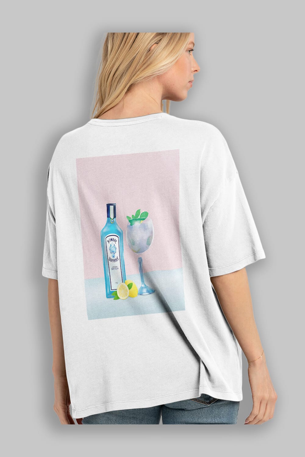 Bombay Sapphire Dry Gin Arka Baskılı Oversize t-shirt Erkek Kadın Unisex %100 Pamuk Bisiklet Yaka tişort