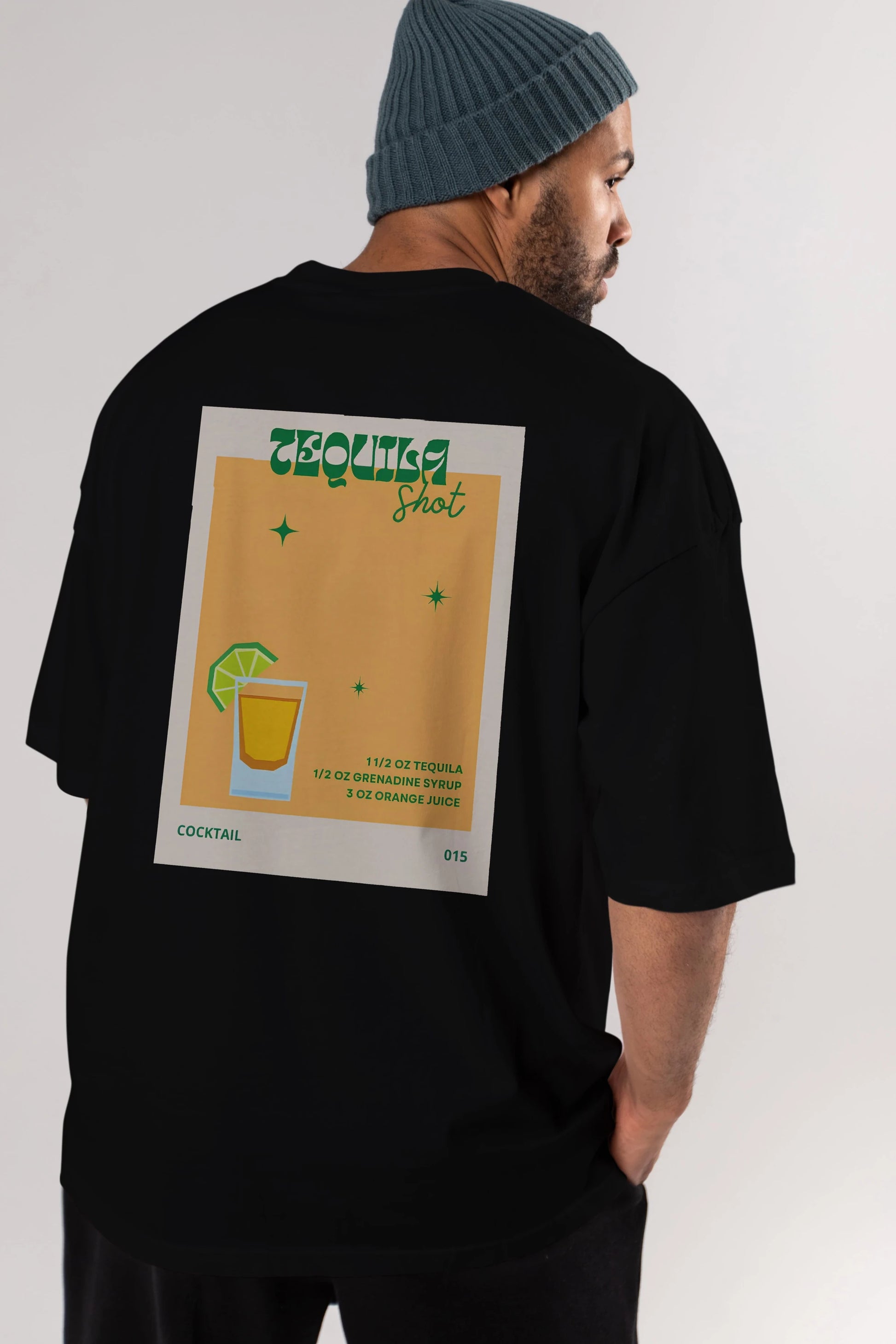 Tequila Shot 2 Arka Baskılı Oversize t-shirt Erkek Kadın Unisex %100 Pamuk Bisiklet Yaka tişort