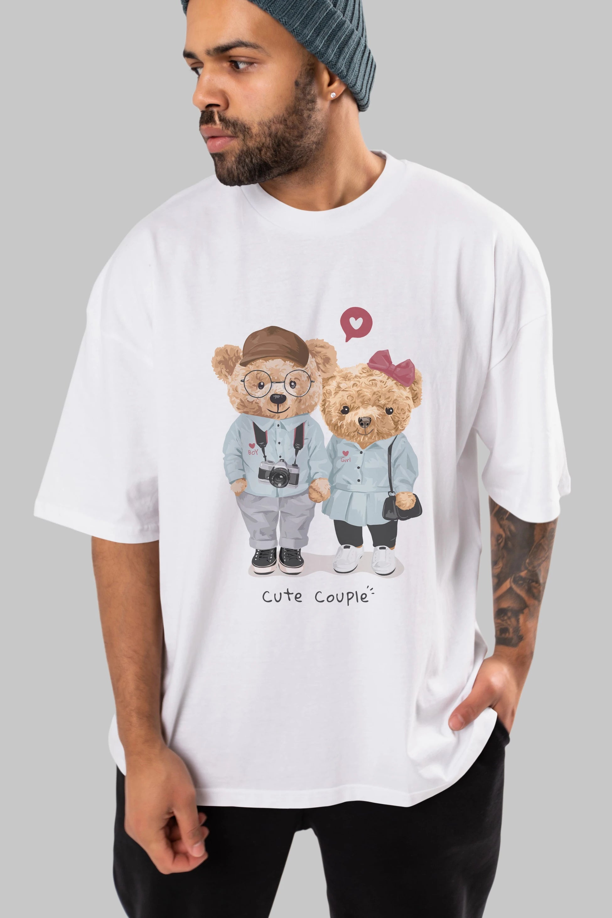 Teddy Bear Cute Couple Ön Baskılı Oversize t-shirt Erkek Kadın Unisex %100 Pamuk