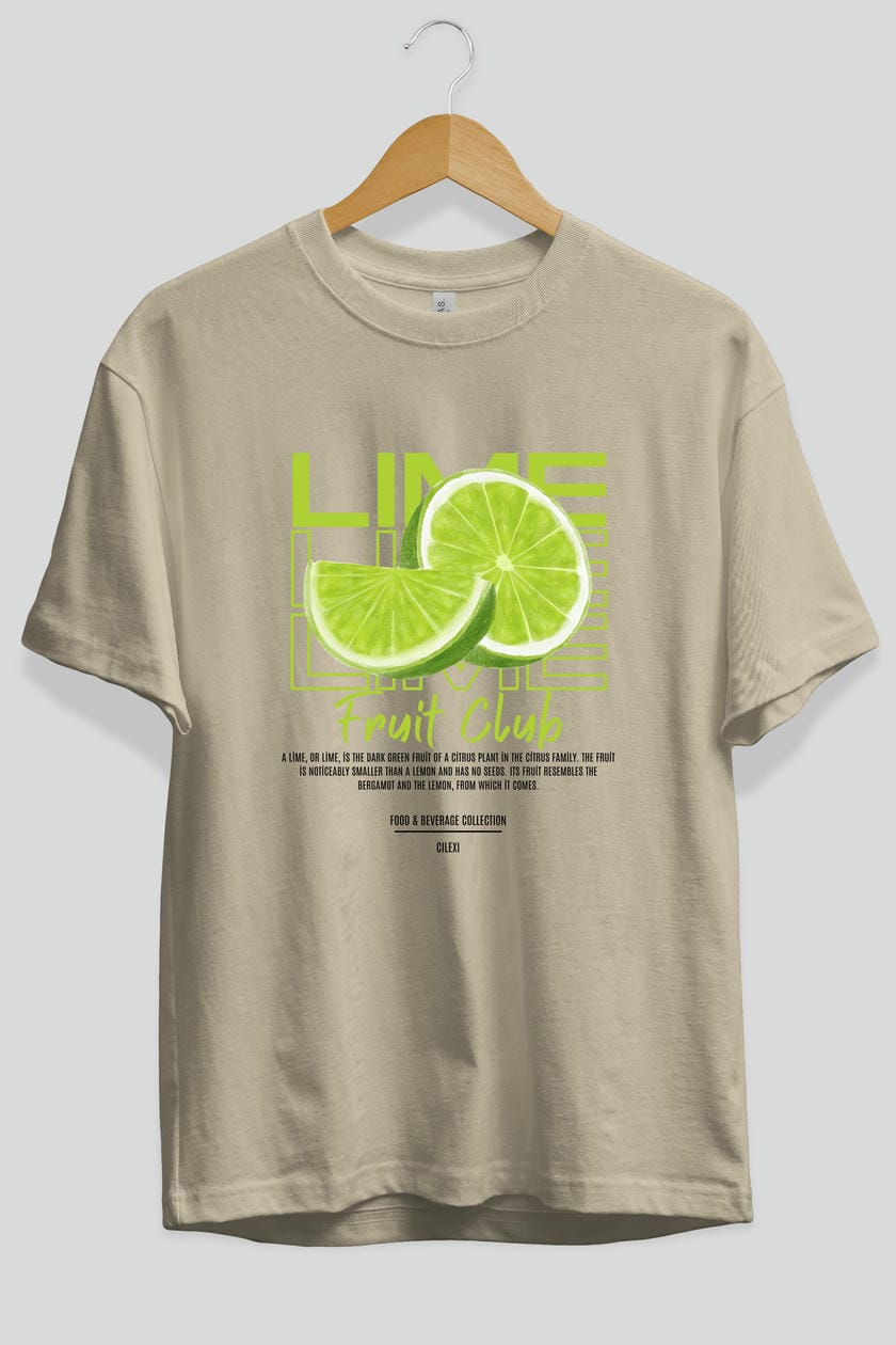 Lime Ön Baskılı Oversize t-shirt Erkek Kadın Pamuk Bisiklet Yaka tişort