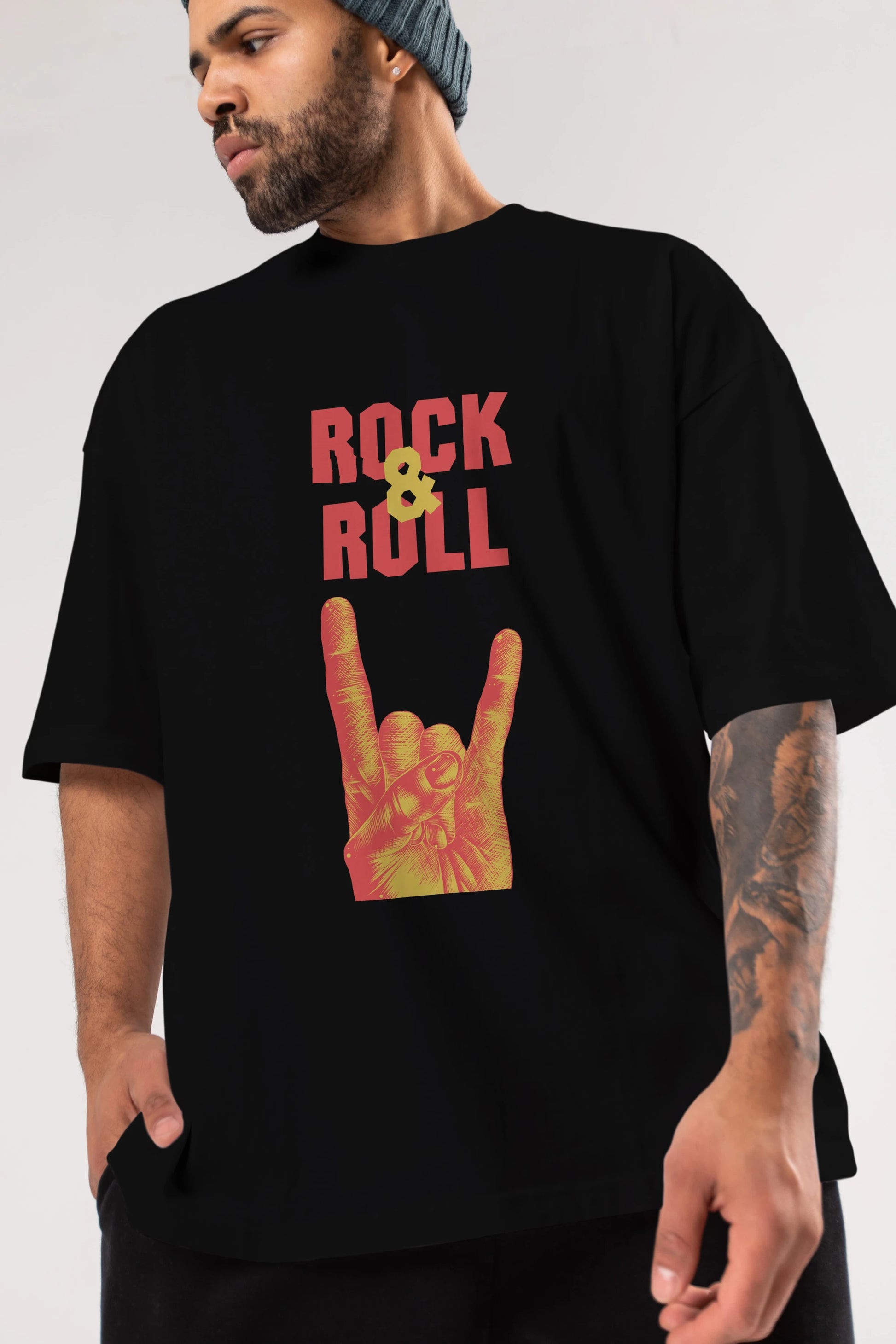 Rock & Roll Yazılı Ön Baskılı Oversize t-shirt Erkek Kadın Unisex