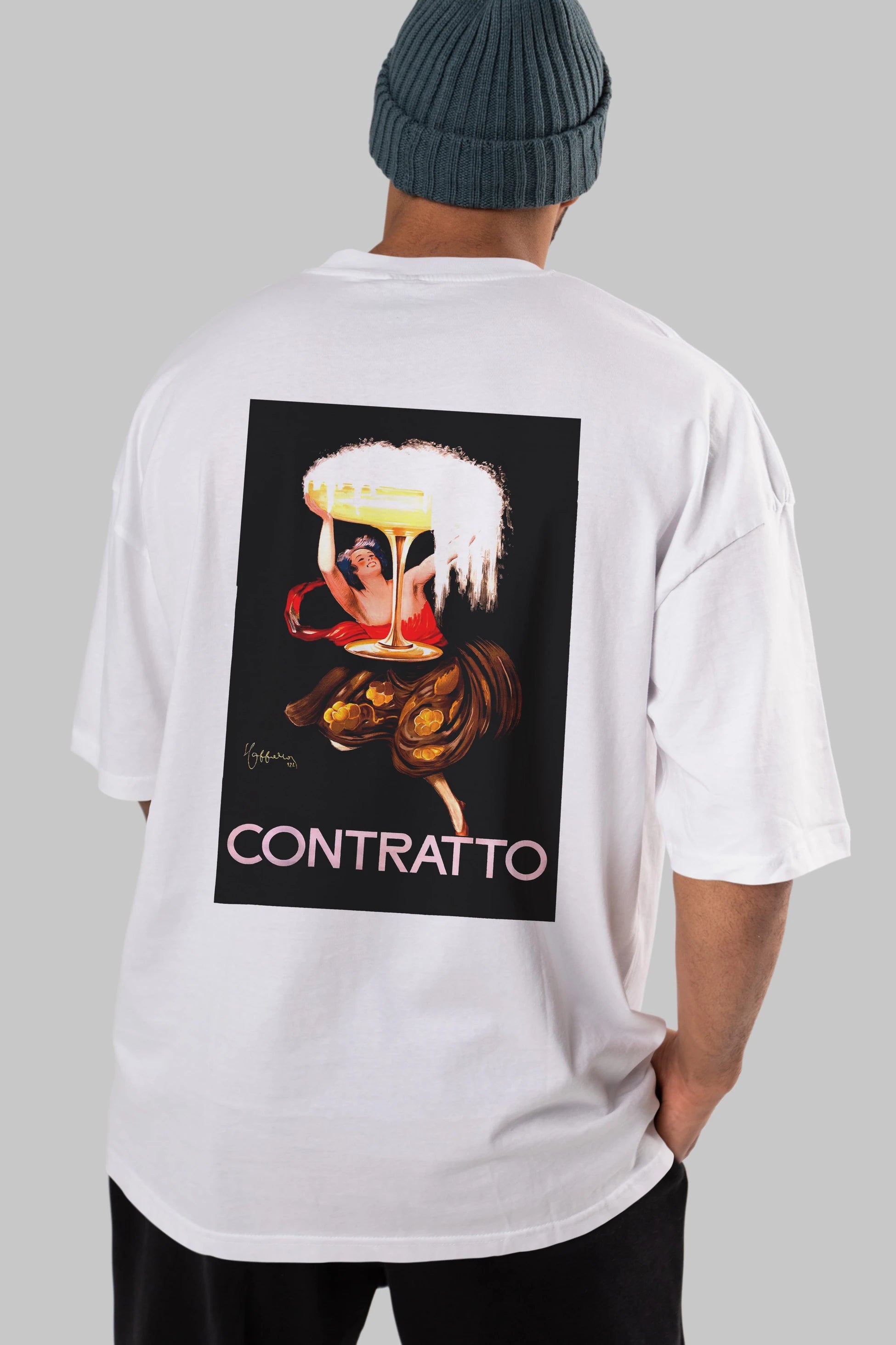 Contratto Arka Baskılı Oversize t-shirt Erkek Kadın Unisex %100 Pamuk Bisiklet Yaka tişort
