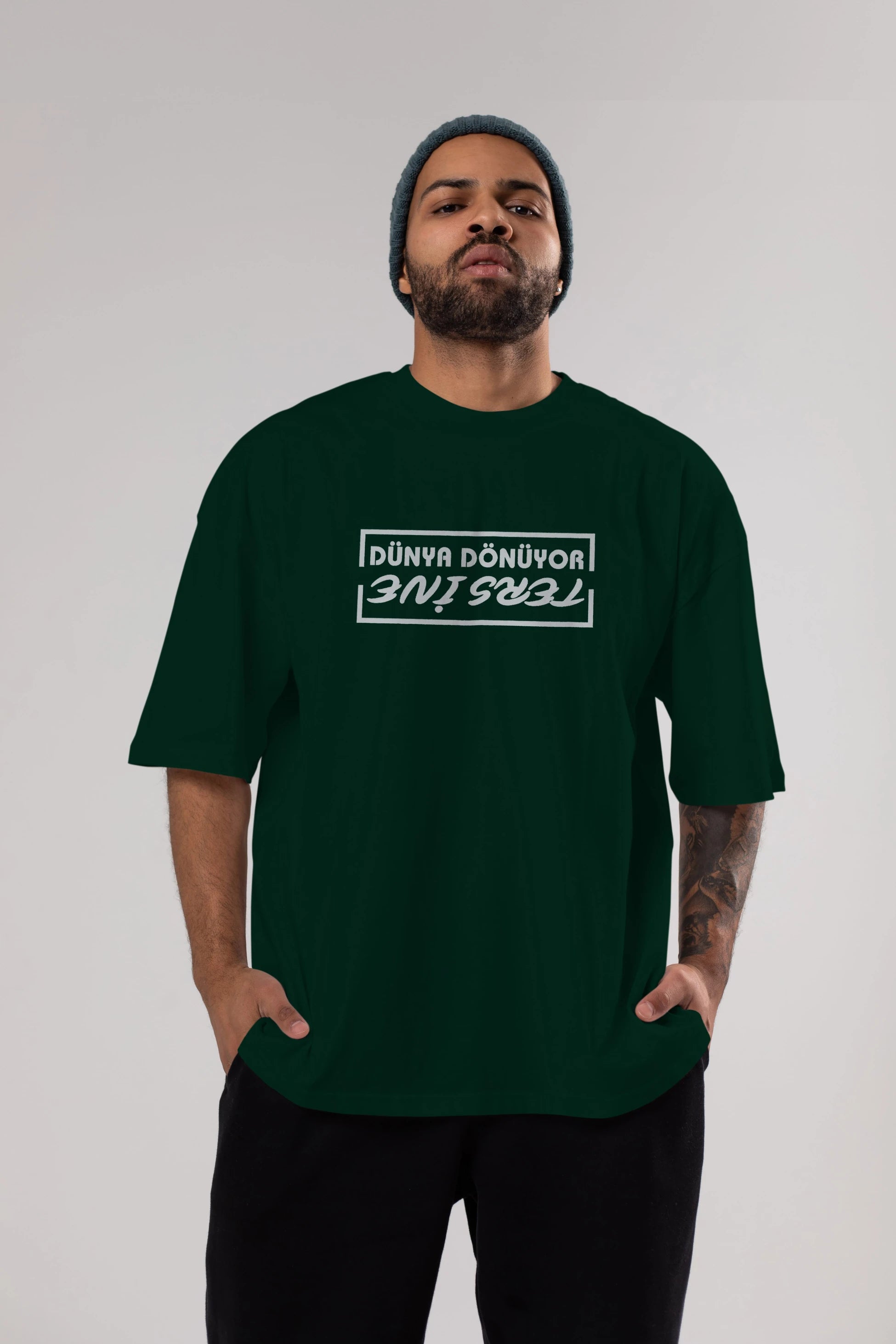 Dünya Dönüyor Tersine Ön Baskılı Oversize t-shirt %100 pamuk Erkek Kadın Unisex