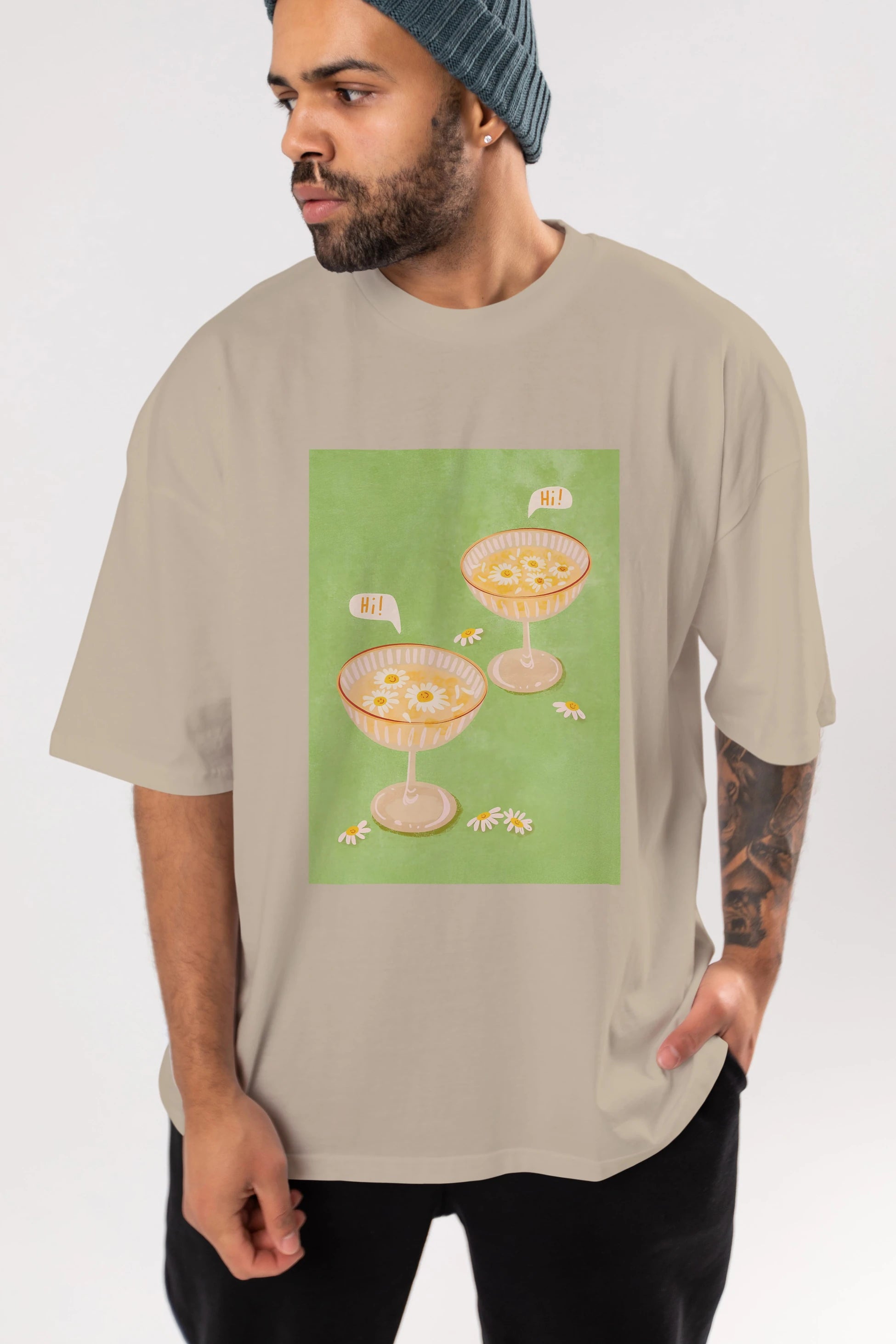 Hi Cheers Ön Baskılı Oversize t-shirt Erkek Kadın Unisex %100 Pamuk Bisiklet Yaka tişort