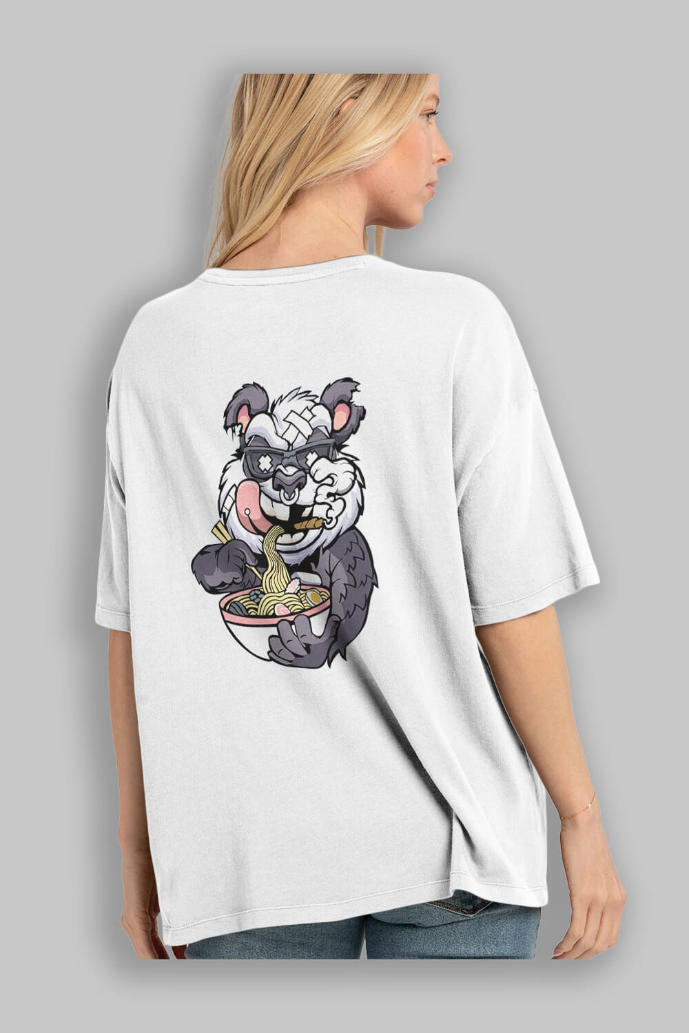 Panda Ramen Arka Baskılı Oversize t-shirt Erkek Kadın Unisex %100 Pamuk tişort