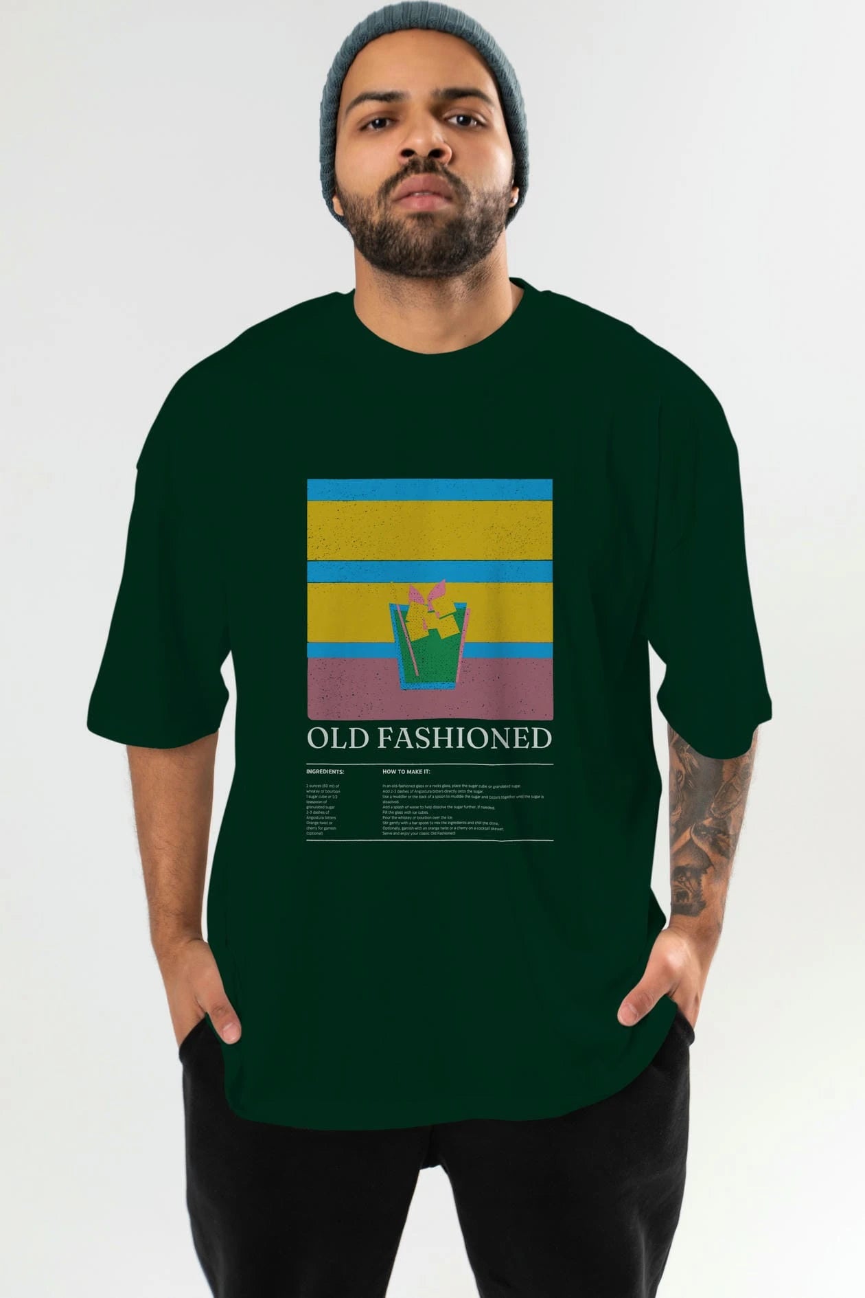 Old Fashioned Kokteyl Ön Baskılı Oversize t-shirt Erkek Kadın %100 Pamuk Bisiklet Yaka tişort